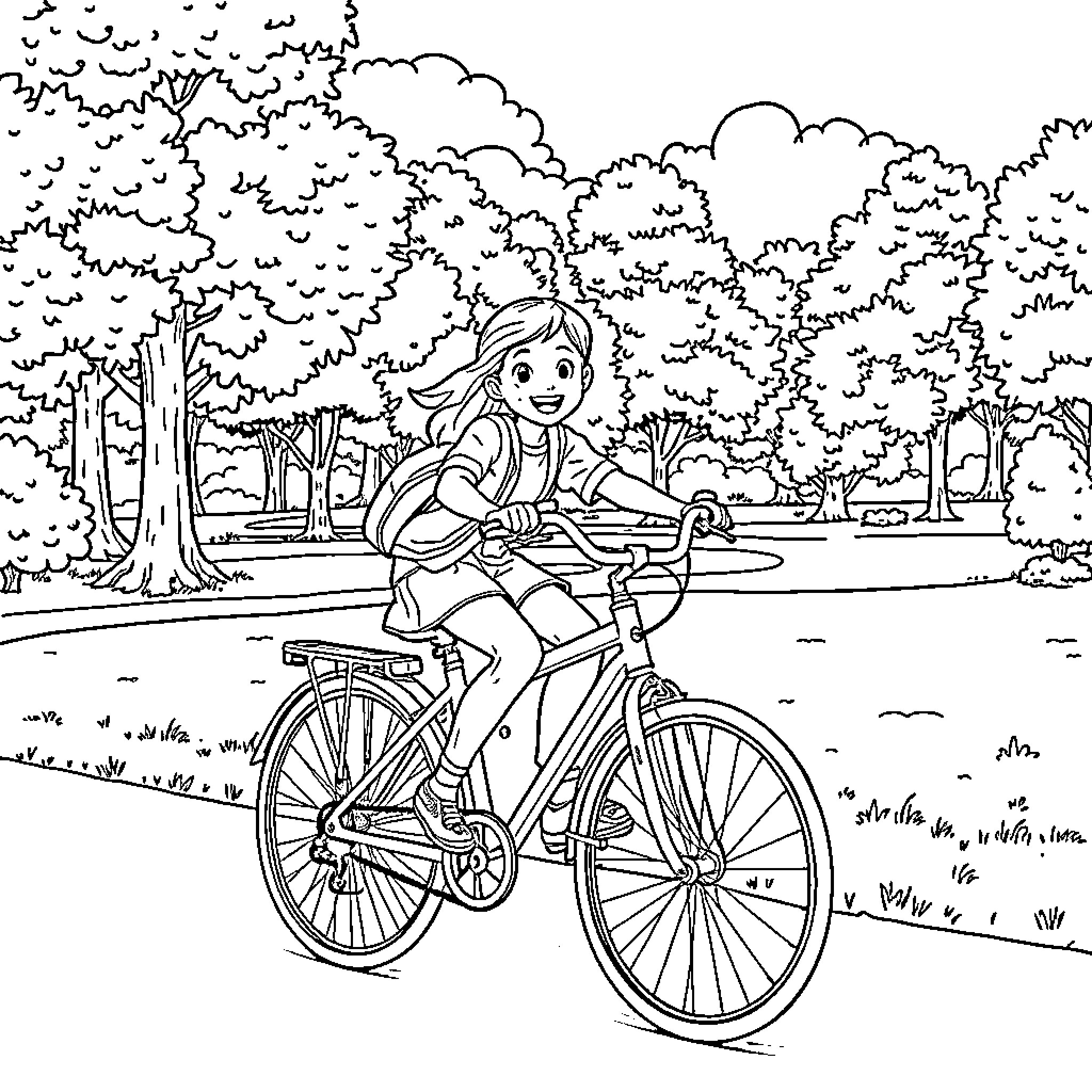Girl riding bicycle in the park Coloring Page (free black-and-white line drawing printable PDF for all, from beginners to advanced learners, including children, teens, adults, and seniors)