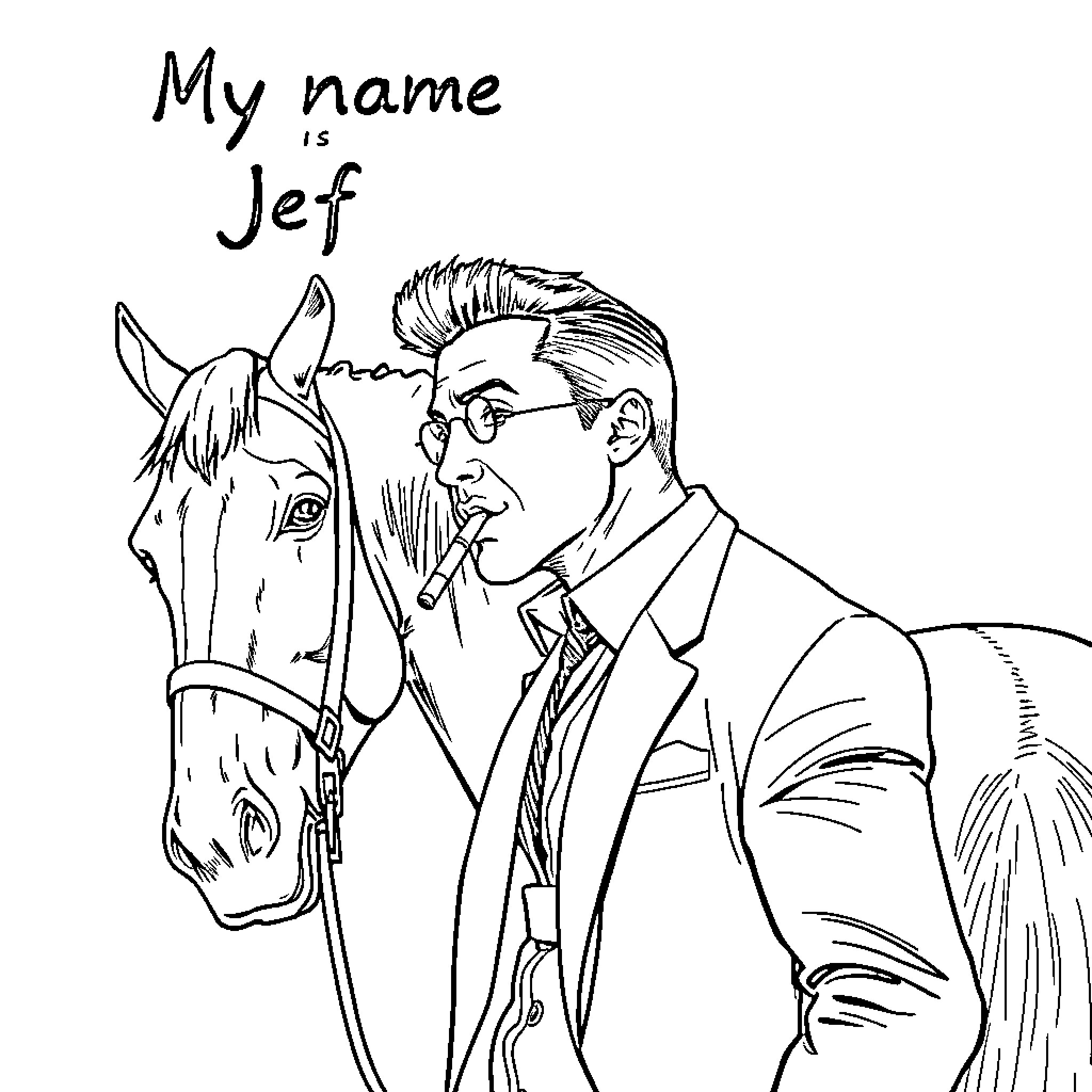 Channing Tatum befriends a horse with a unique name Coloring Page (free black-and-white line drawing printable PDF for all, from beginners to advanced learners, including children, teens, adults, and seniors)