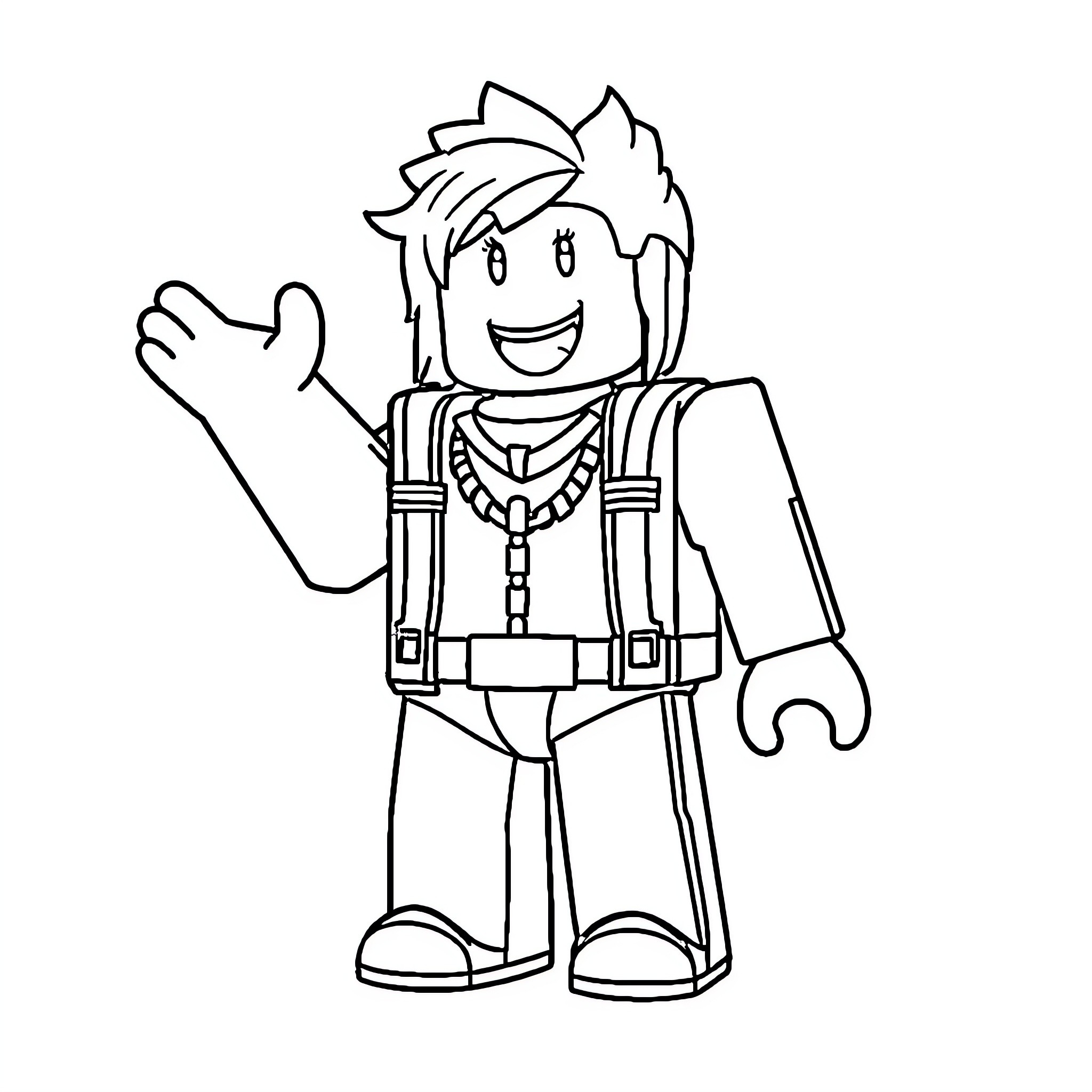 Roblox Character waving happily Coloring Page (free black-and-white line drawing printable PDF for all, from beginners to advanced learners, including children, teens, adults, and seniors)