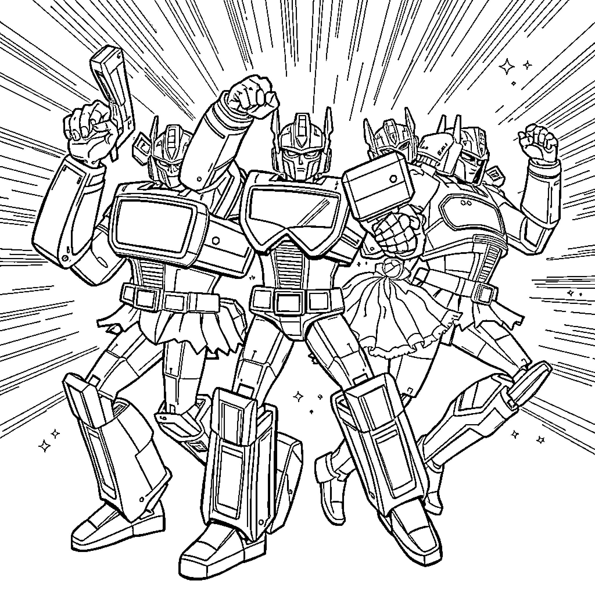 Transformer Robots in Heroic Battle Formation Coloring Page (free black-and-white line drawing printable PDF for all, from beginners to advanced learners, including children, teens, adults, and seniors)