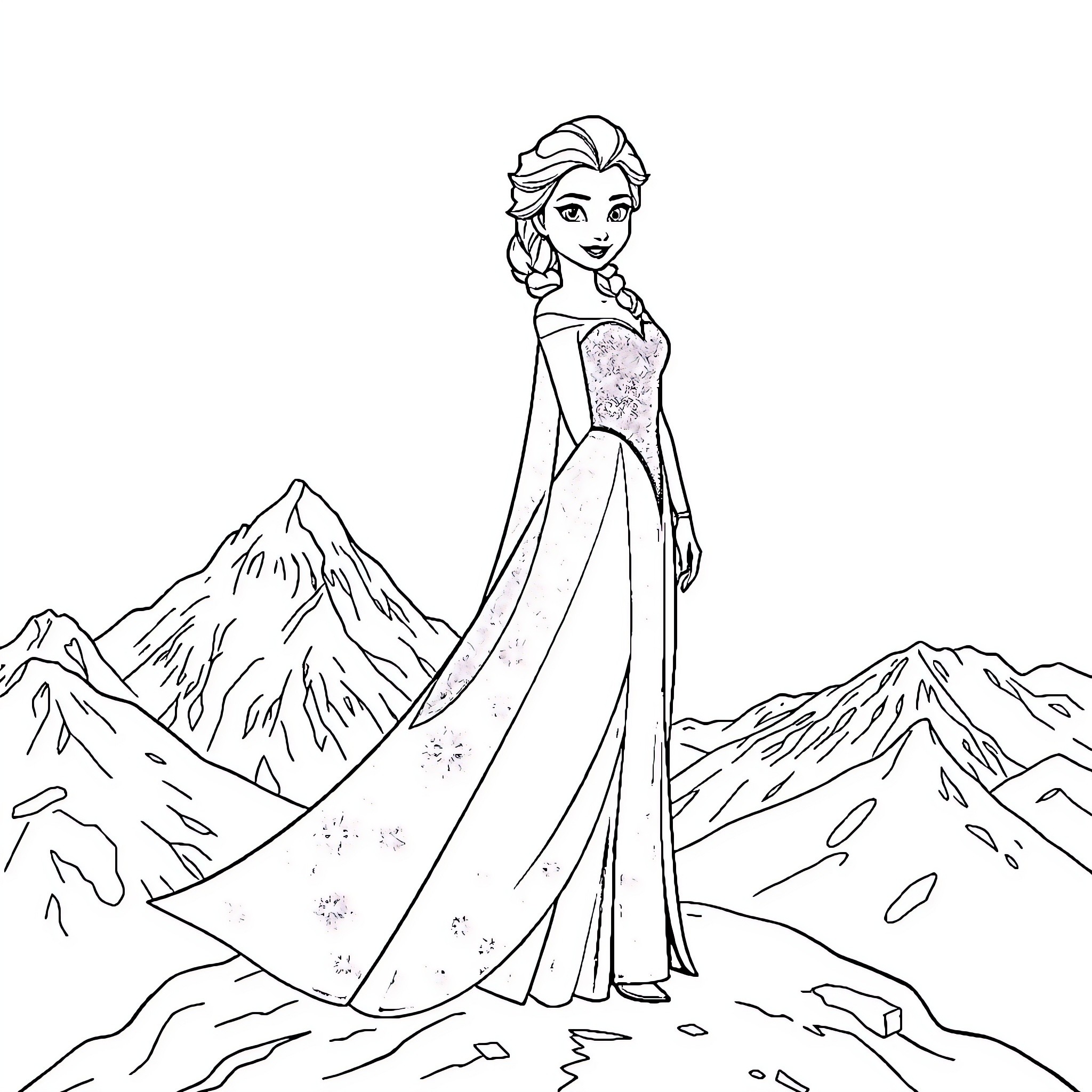 Elsa standing tall in her winter gown Coloring Page (free black-and-white line drawing printable PDF for all, from beginners to advanced learners, including children, teens, adults, and seniors)