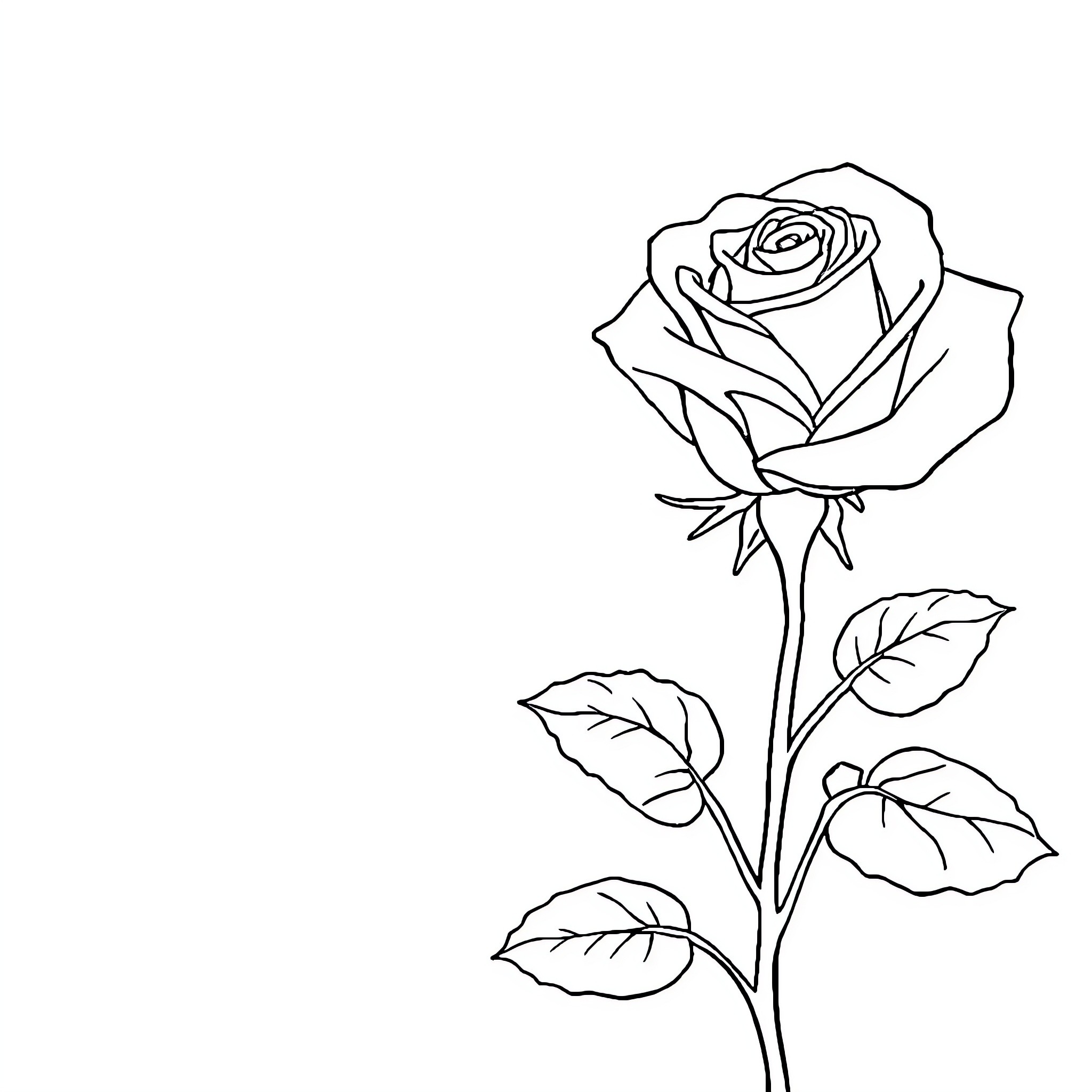Rose in Elegant Outline Coloring Page (free black-and-white line drawing printable PDF for all, from beginners to advanced learners, including children, teens, adults, and seniors)