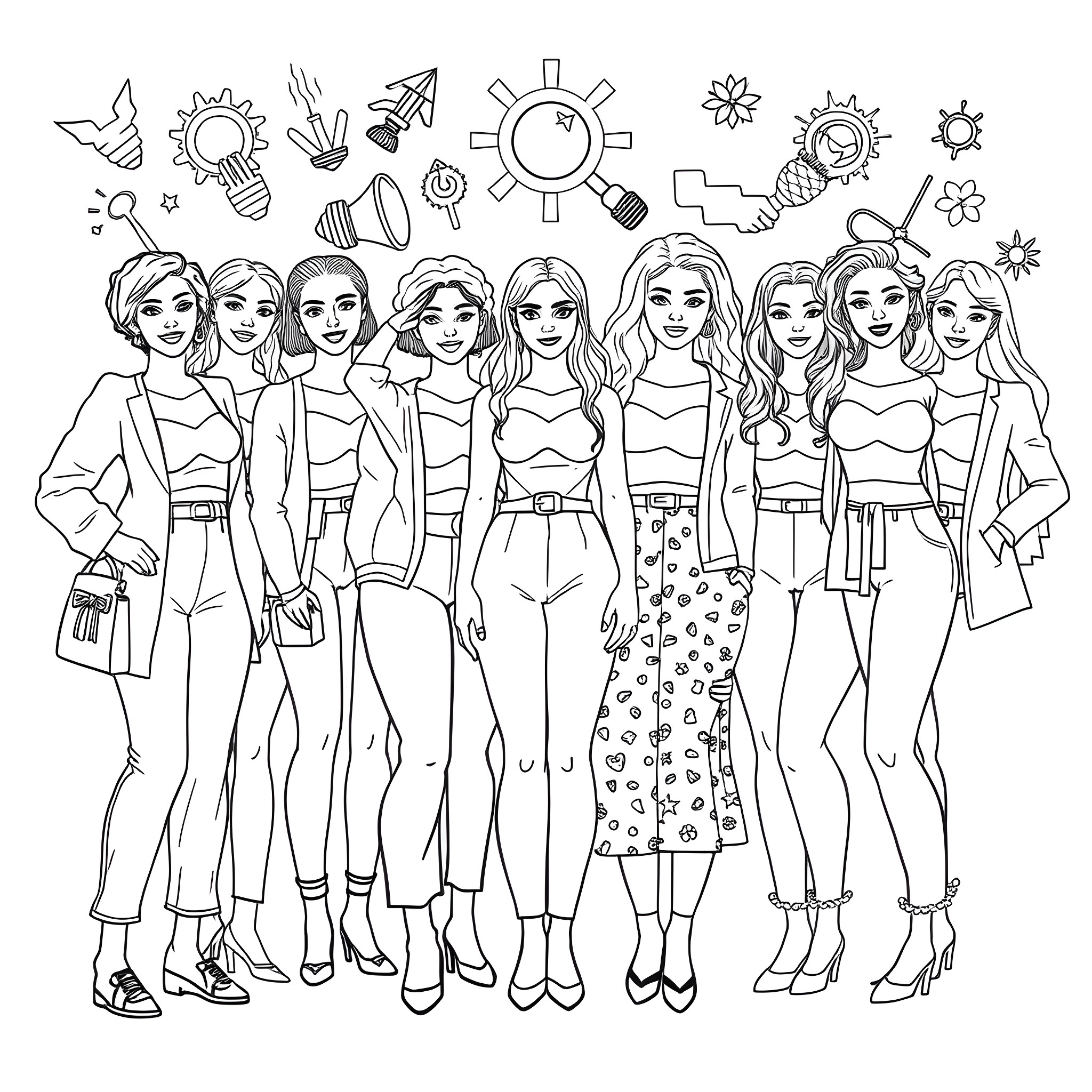Women with diverse styles and expressions Coloring Page (free black-and-white line drawing printable PDF for all, from beginners to advanced learners, including children, teens, adults, and seniors)