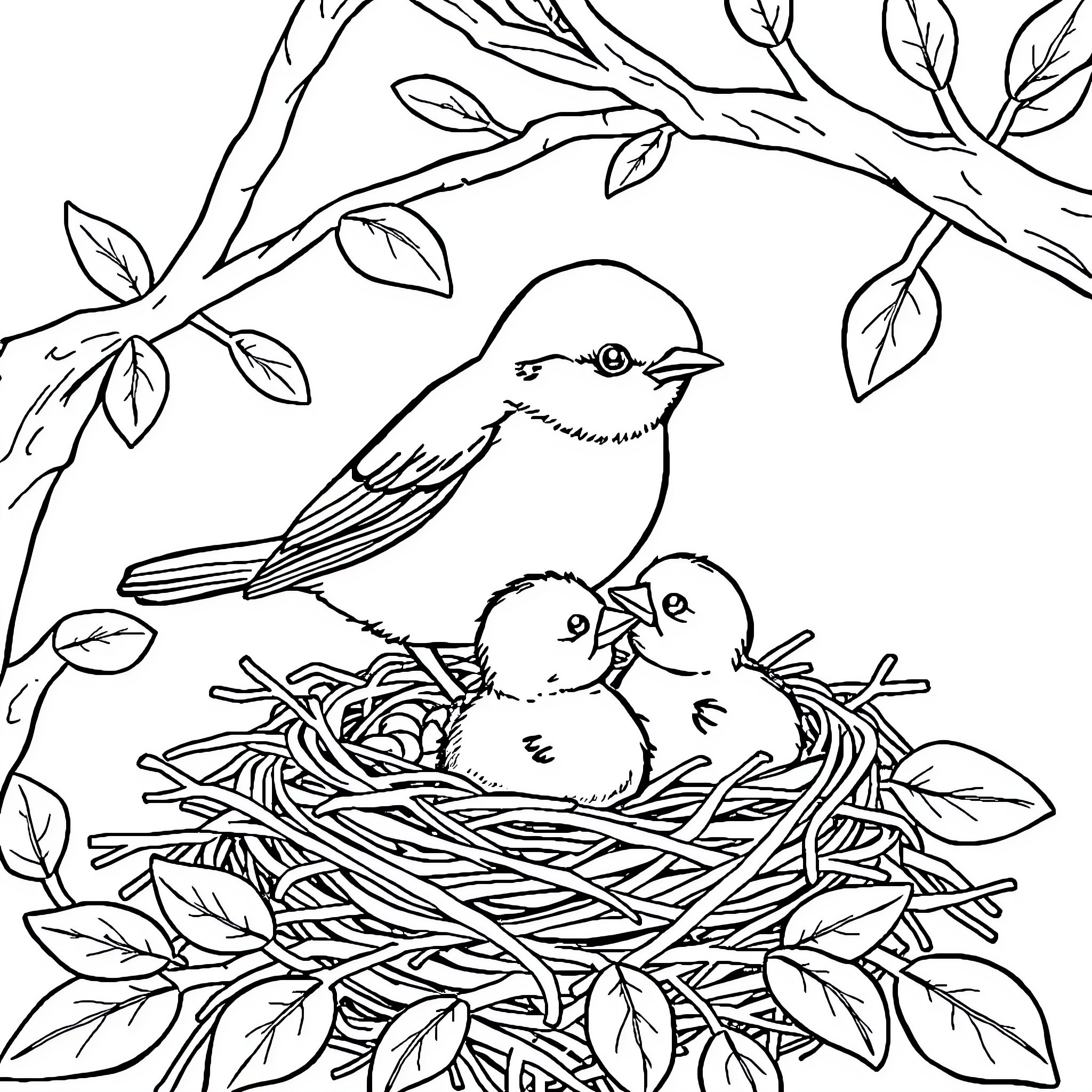 Bird watching over chicks in a nest Coloring Page (free black-and-white line drawing printable PDF for all, from beginners to advanced learners, including children, teens, adults, and seniors)