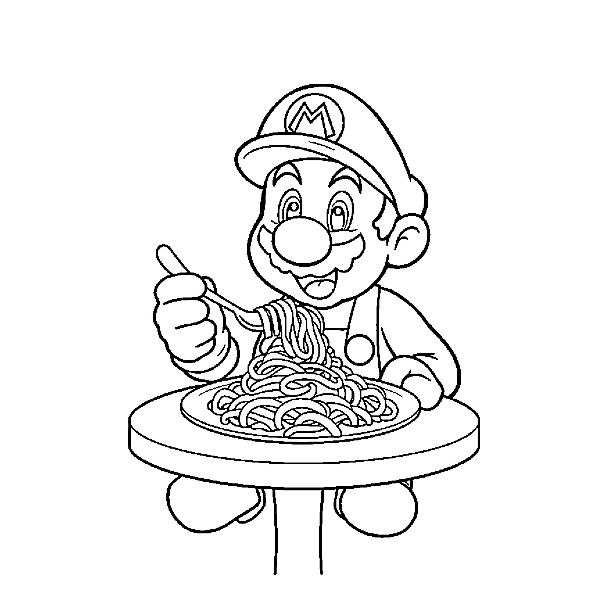 Super Mario Enjoying a Plate of Spaghetti Coloring Page (free black-and-white line drawing printable PDF for all, from beginners to advanced learners, including children, teens, adults, and seniors)