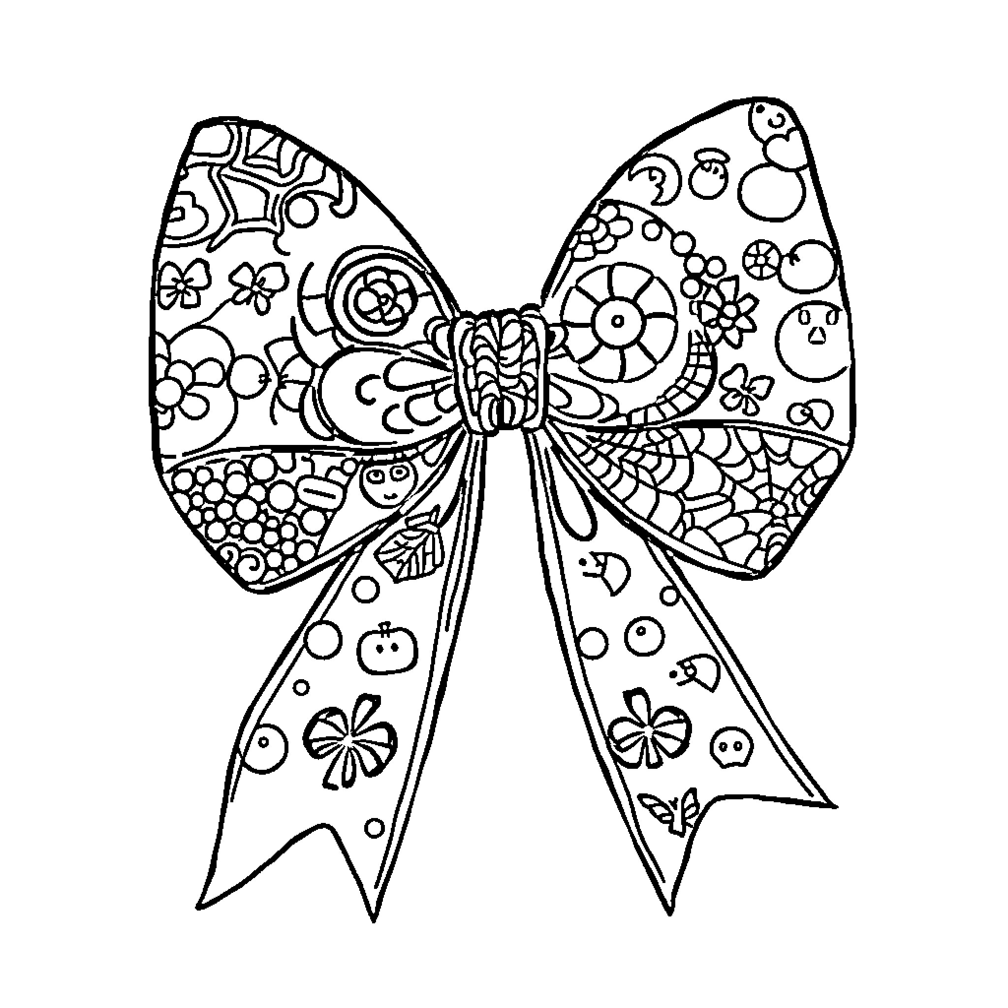 Bow-shaped Floral and Ornamental Pattern Coloring Page (free black-and-white line drawing printable PDF for all, from beginners to advanced learners, including children, teens, adults, and seniors)