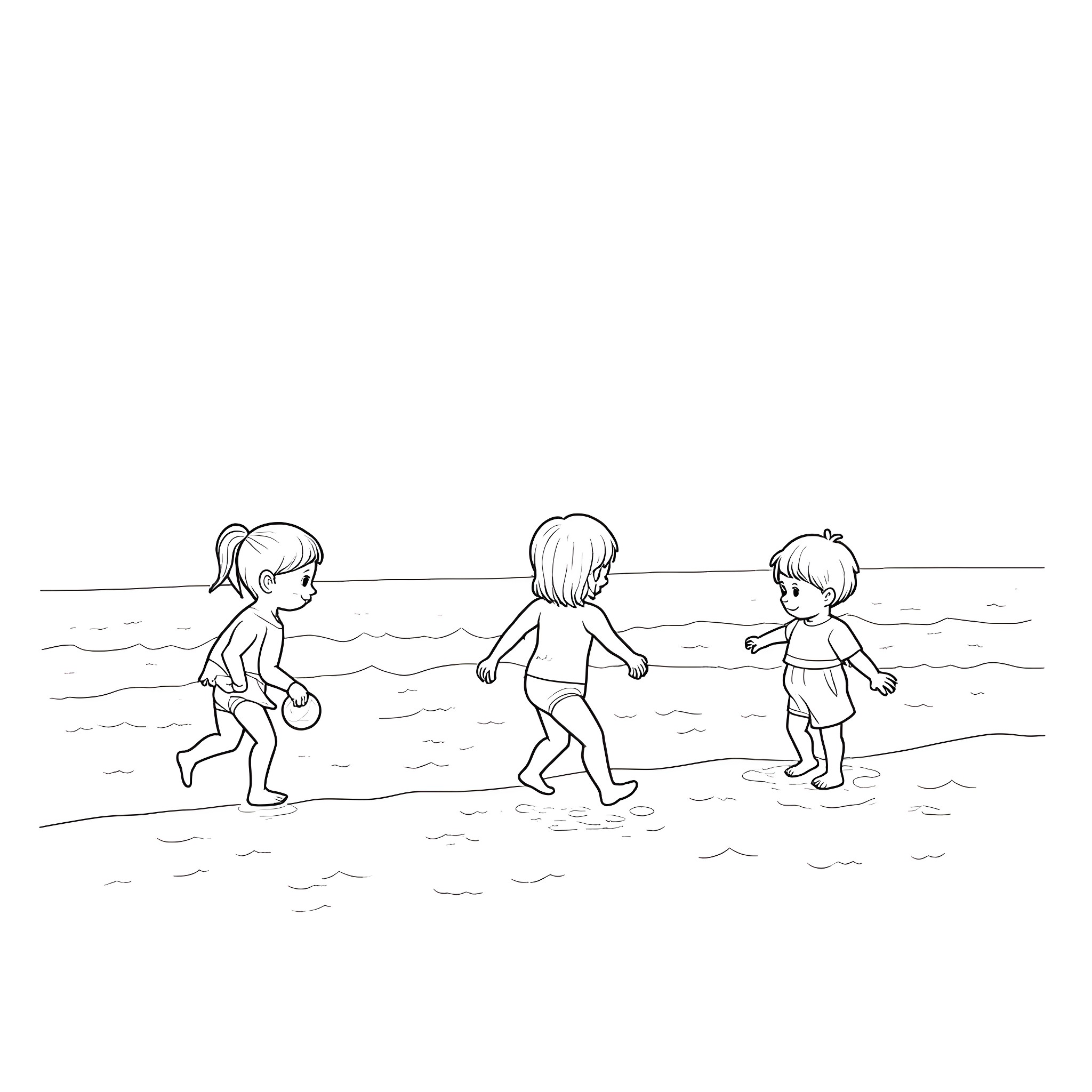 Summer fun with friends at the beach Coloring Page (free black-and-white line drawing printable PDF for all, from beginners to advanced learners, including children, teens, adults, and seniors)