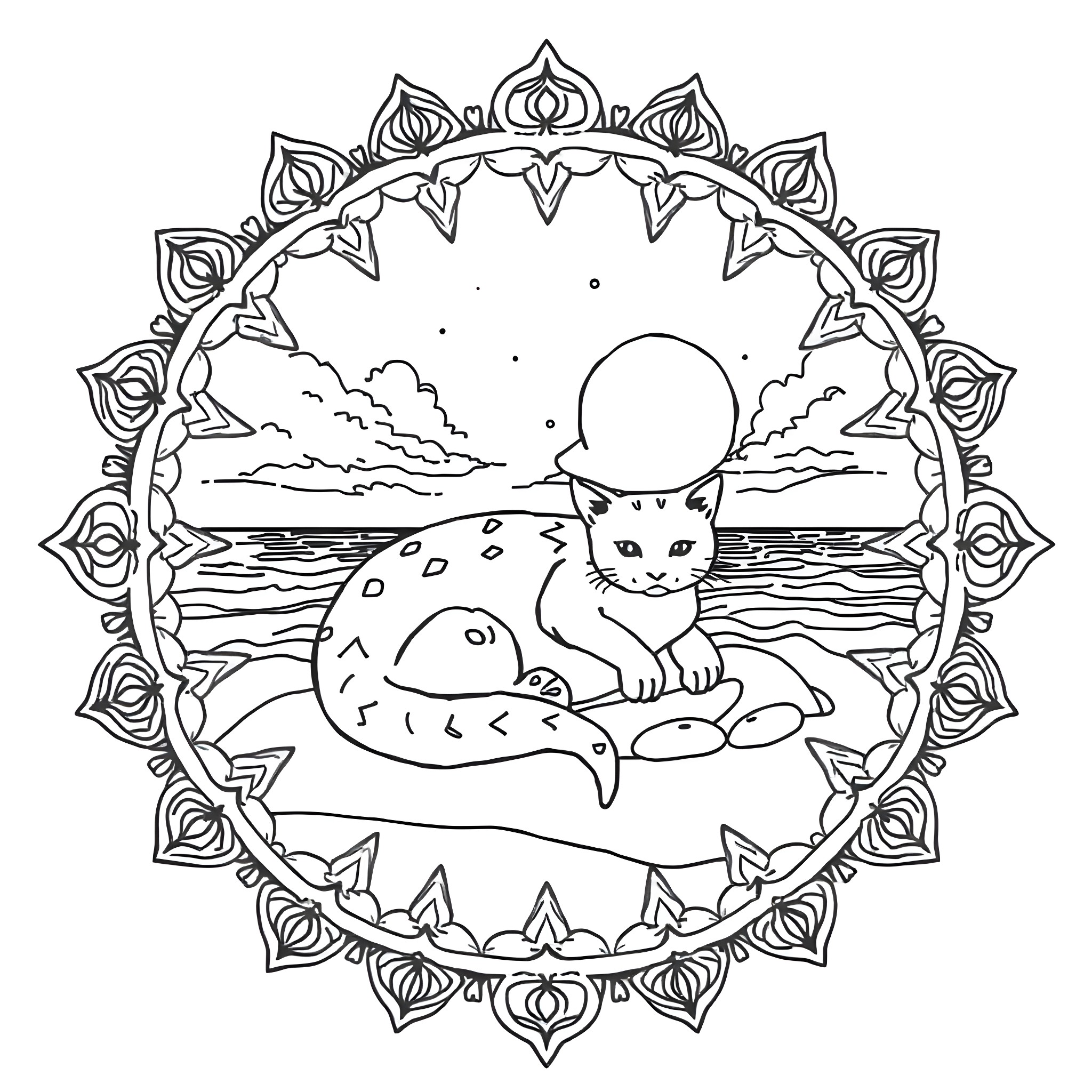 Axolotl relaxing by the moonlit lake Coloring Page (free black-and-white line drawing printable PDF for all, from beginners to advanced learners, including children, teens, adults, and seniors)