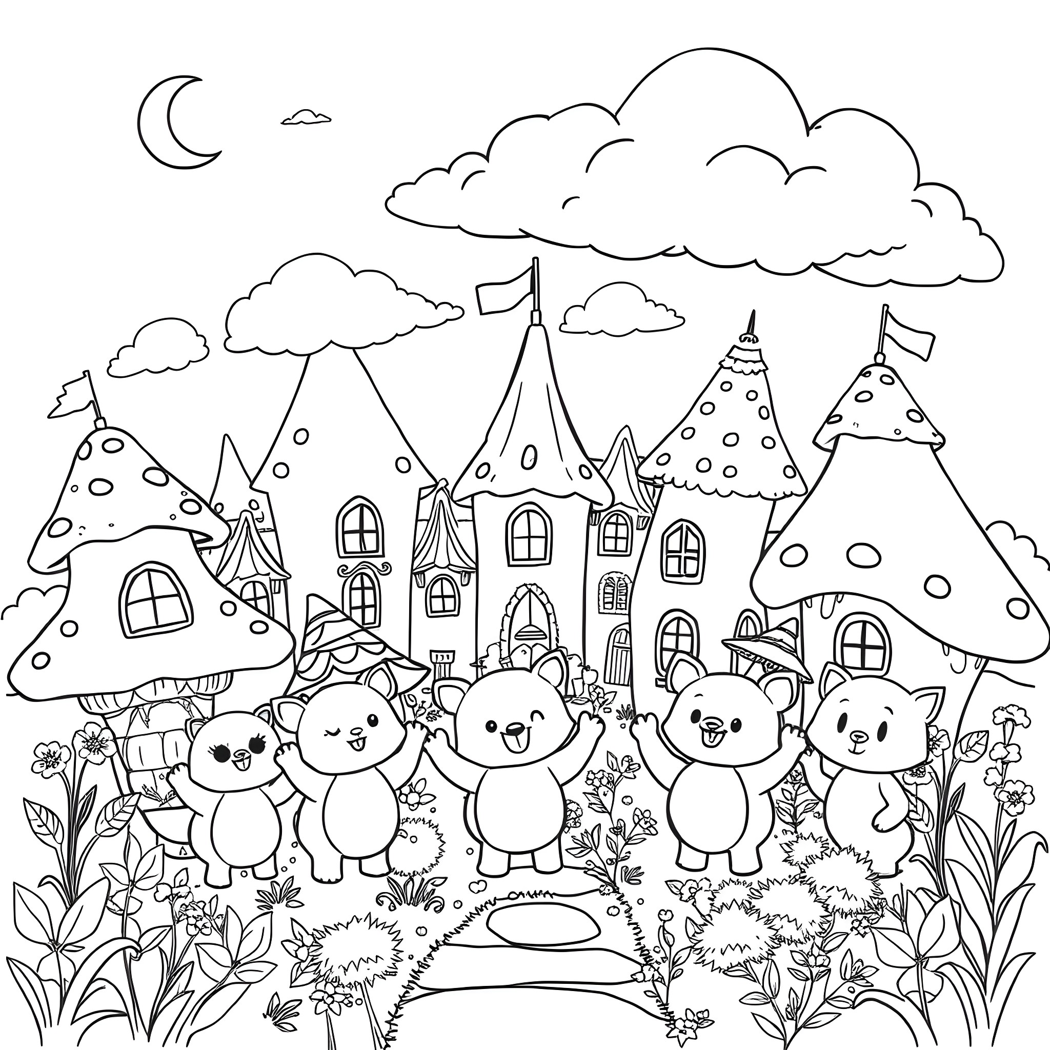 Town of playful creatures in a whimsical landscape Coloring Page (free black-and-white line drawing printable PDF for all, from beginners to advanced learners, including children, teens, adults, and seniors)
