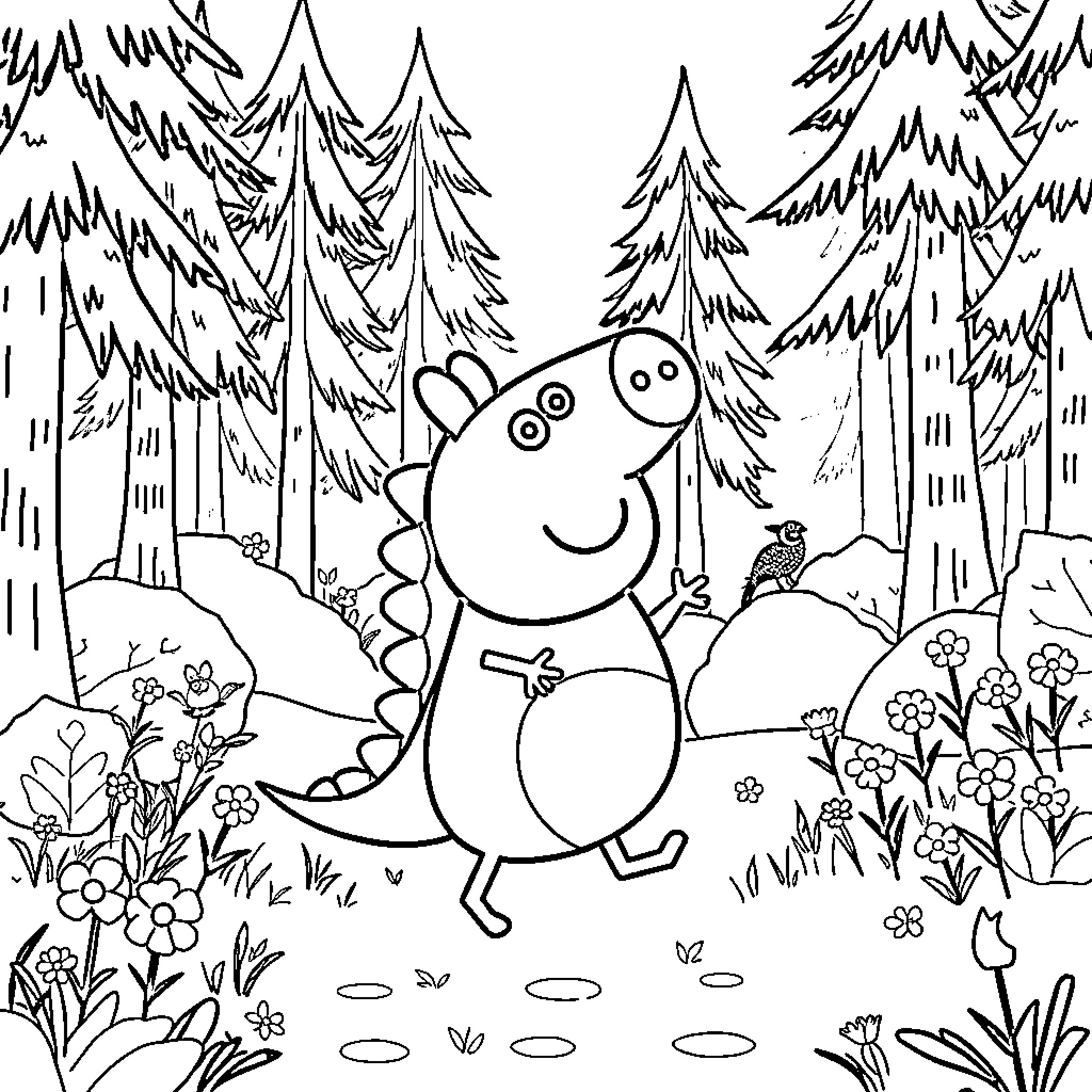 Peppa Pig exploring the forest with friends Coloring Page (free black-and-white line drawing printable PDF for all, from beginners to advanced learners, including children, teens, adults, and seniors)