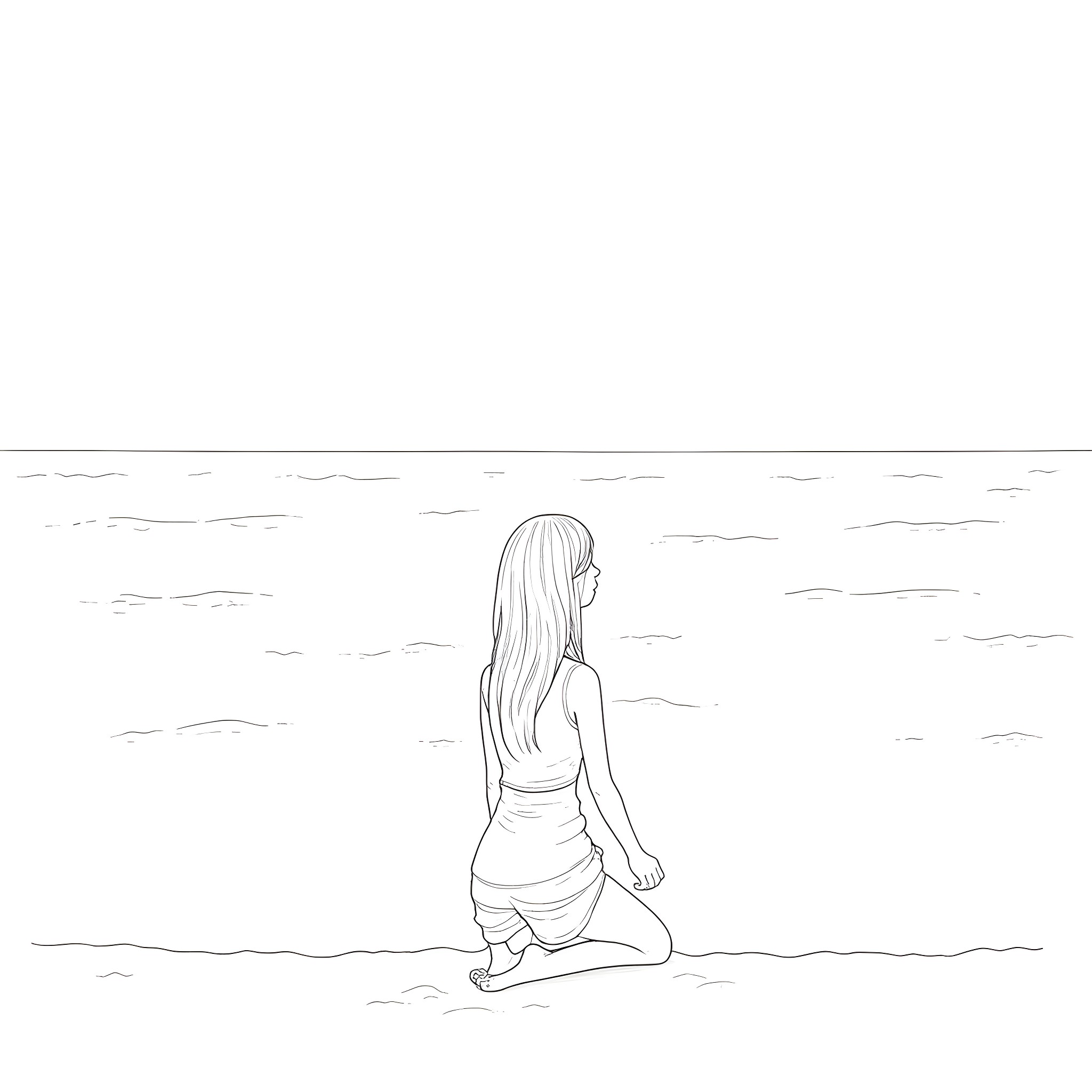 Lady walking alone on the shore Coloring Page (free black-and-white line drawing printable PDF for all, from beginners to advanced learners, including children, teens, adults, and seniors)