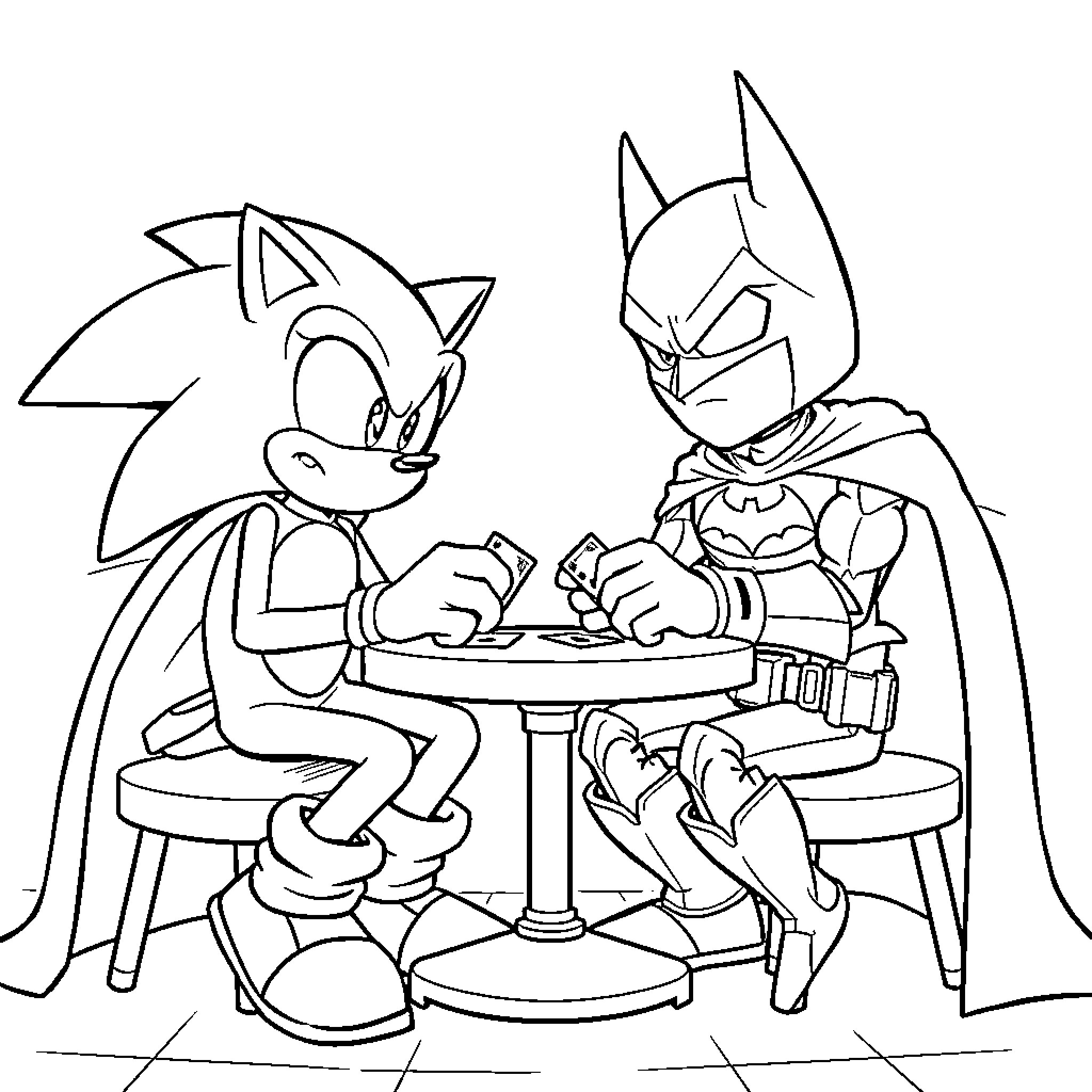 Sonic and Batman Having a Casual Conversation Coloring Page (free black-and-white line drawing printable PDF for all, from beginners to advanced learners, including children, teens, adults, and seniors)