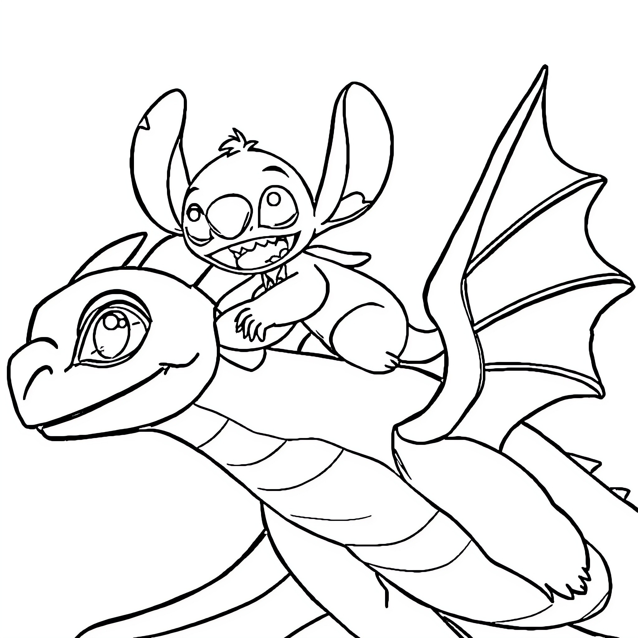 Stitch riding a dragon friend Coloring Page (free black-and-white line drawing printable PDF for all, from beginners to advanced learners, including children, teens, adults, and seniors)