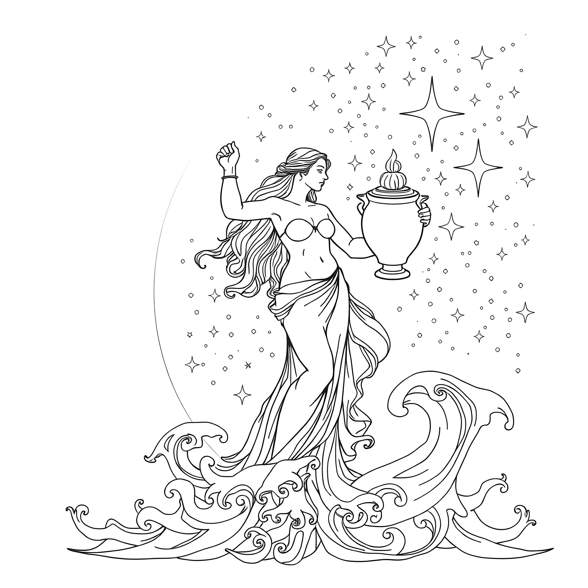 Aquarius: Celestial Maiden with Urn Amid Sparkling Stars Coloring Page (free black-and-white line drawing printable PDF for all, from beginners to advanced learners, including children, teens, adults, and seniors)