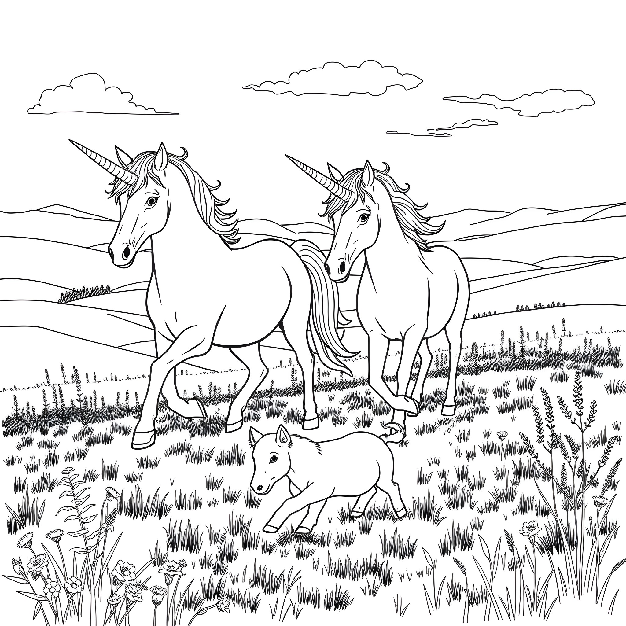 Unicorn family strolling through a scenic meadow Coloring Page (free black-and-white line drawing printable PDF for all, from beginners to advanced learners, including children, teens, adults, and seniors)