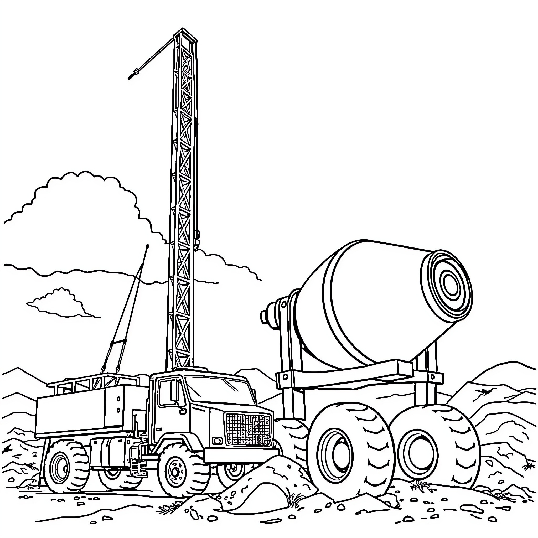 Construction Vehicle Performing Construction Tasks Coloring Page (free black-and-white line drawing printable PDF for all, from beginners to advanced learners, including children, teens, adults, and seniors)