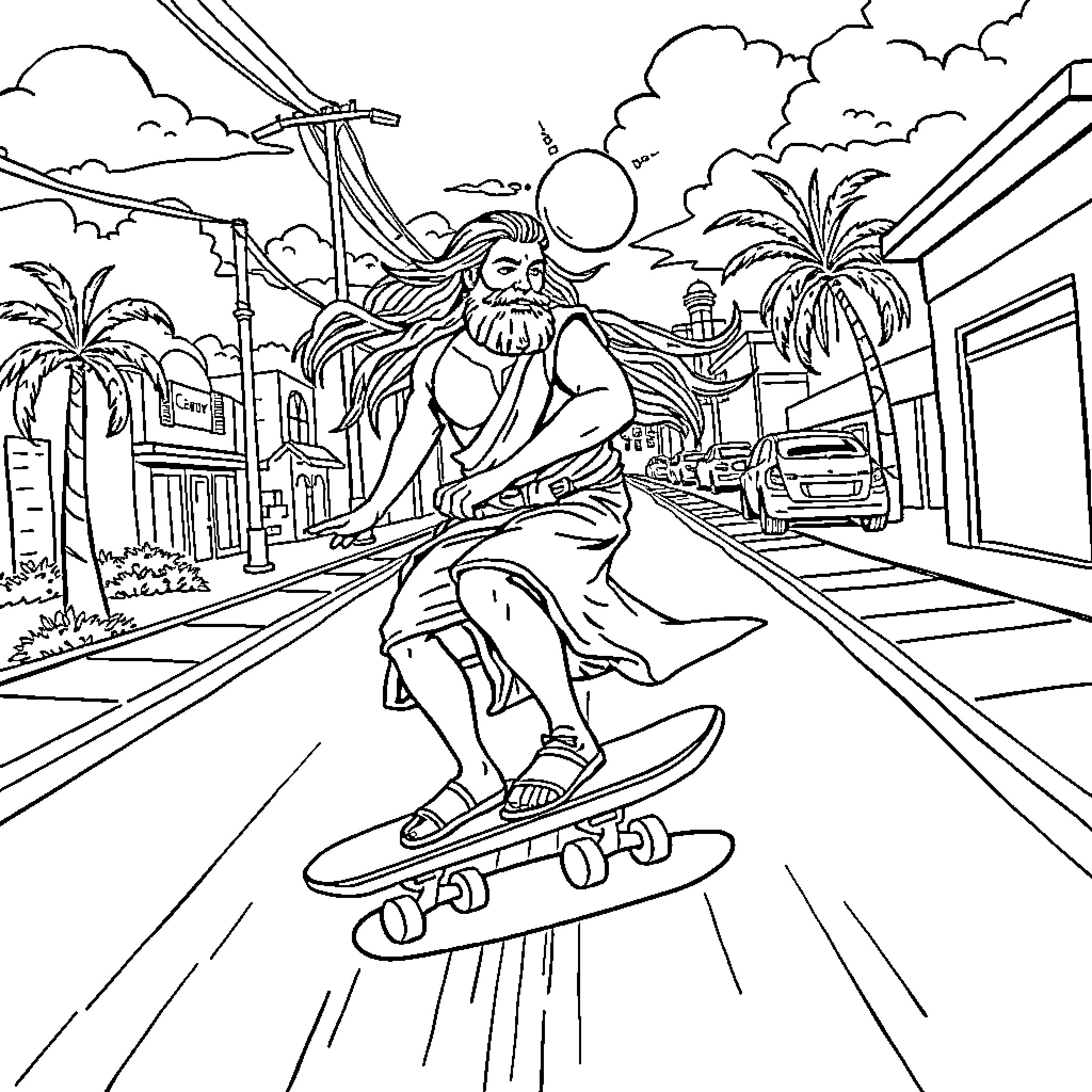 Samson Skateboarding Through Tropical Cityscape Coloring Page (free black-and-white line drawing printable PDF for all, from beginners to advanced learners, including children, teens, adults, and seniors)