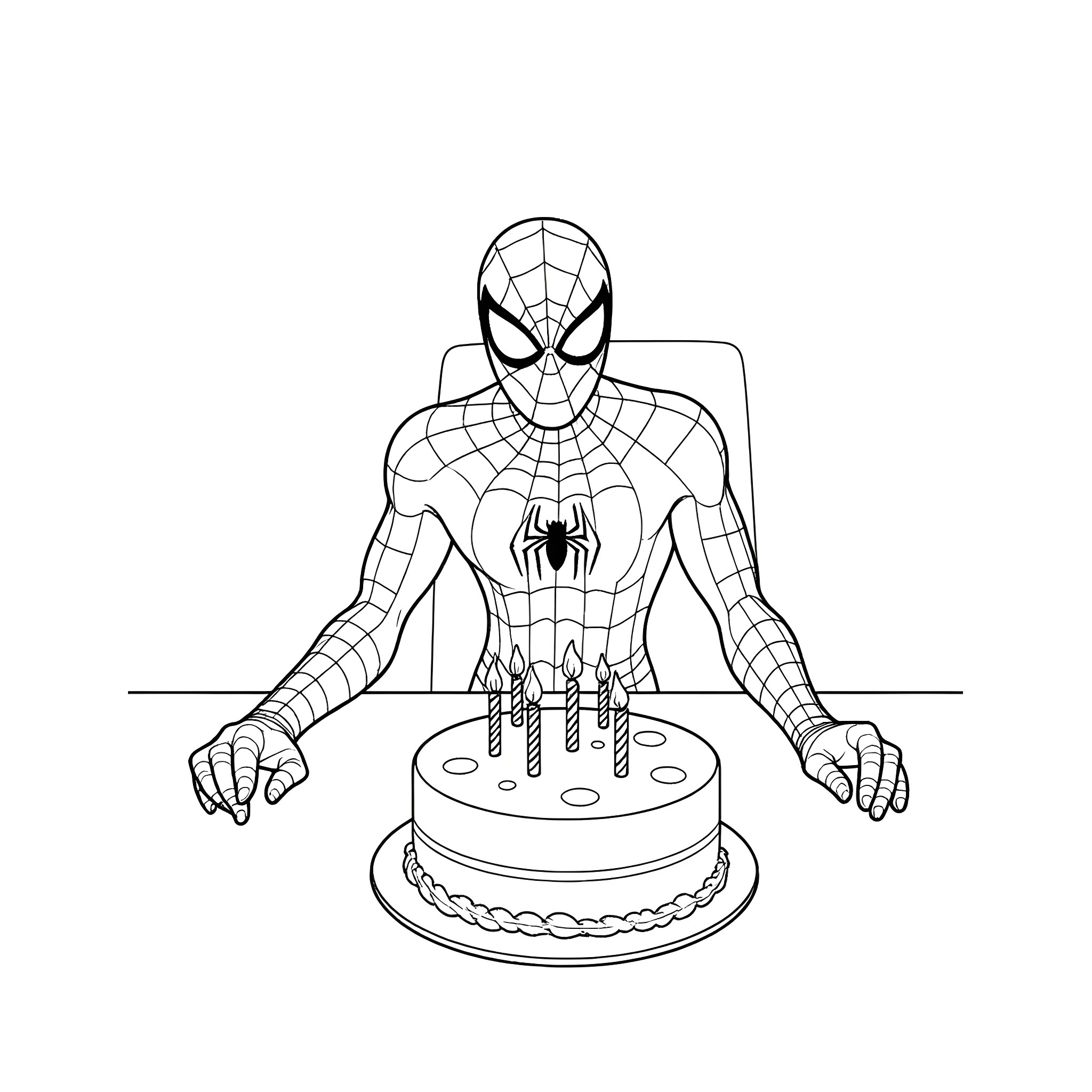 Spiderman celebrates birthday with cake Coloring Page (free black-and-white line drawing printable PDF for all, from beginners to advanced learners, including children, teens, adults, and seniors)