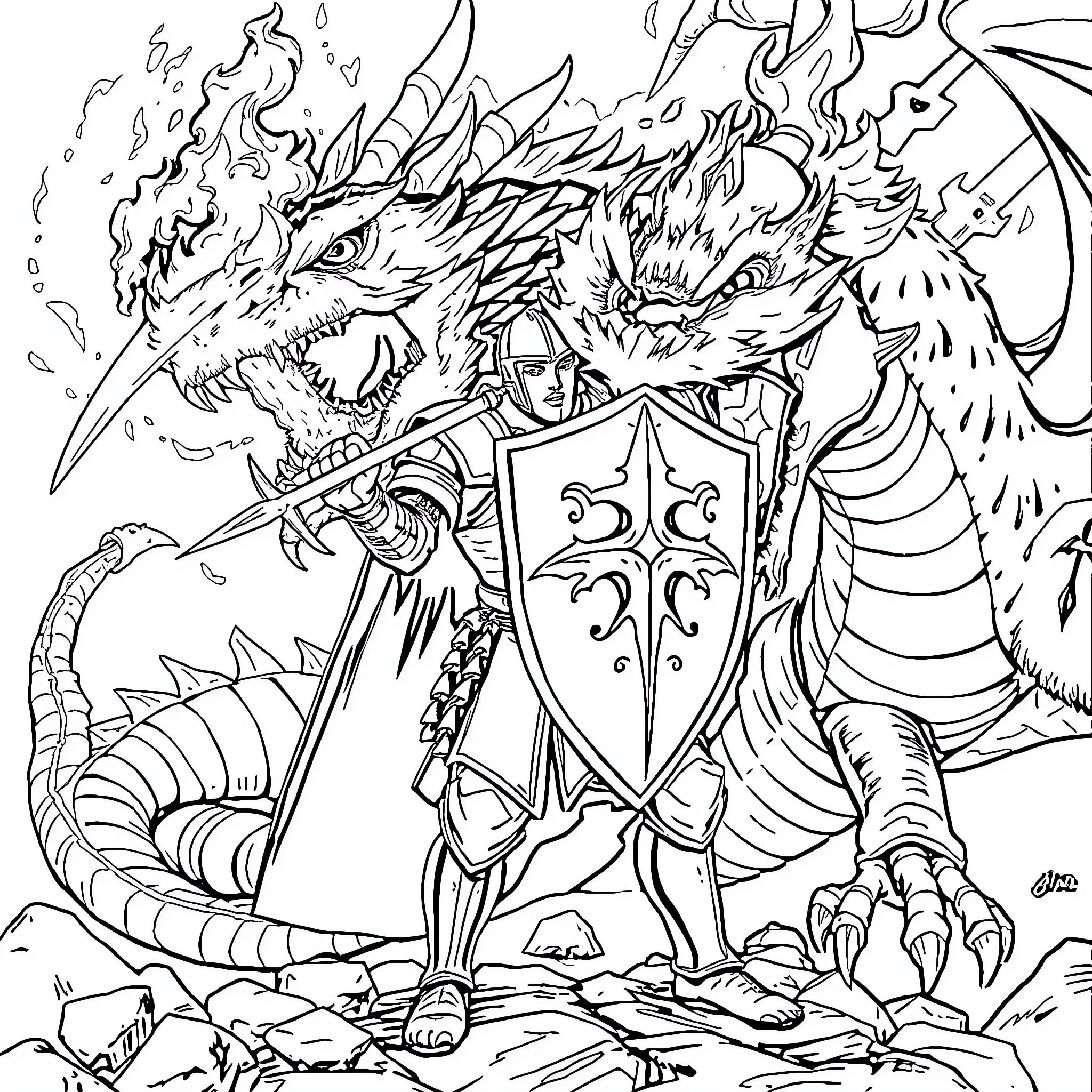 Knight battling a fierce dragon in epic combat Coloring Page (free black-and-white line drawing printable PDF for all, from beginners to advanced learners, including children, teens, adults, and seniors)