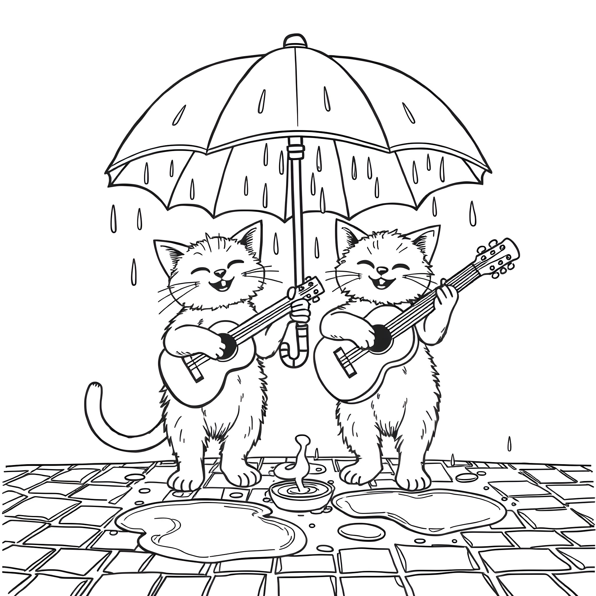 Cats playing music under an umbrella Coloring Page (free black-and-white line drawing printable PDF for all, from beginners to advanced learners, including children, teens, adults, and seniors)