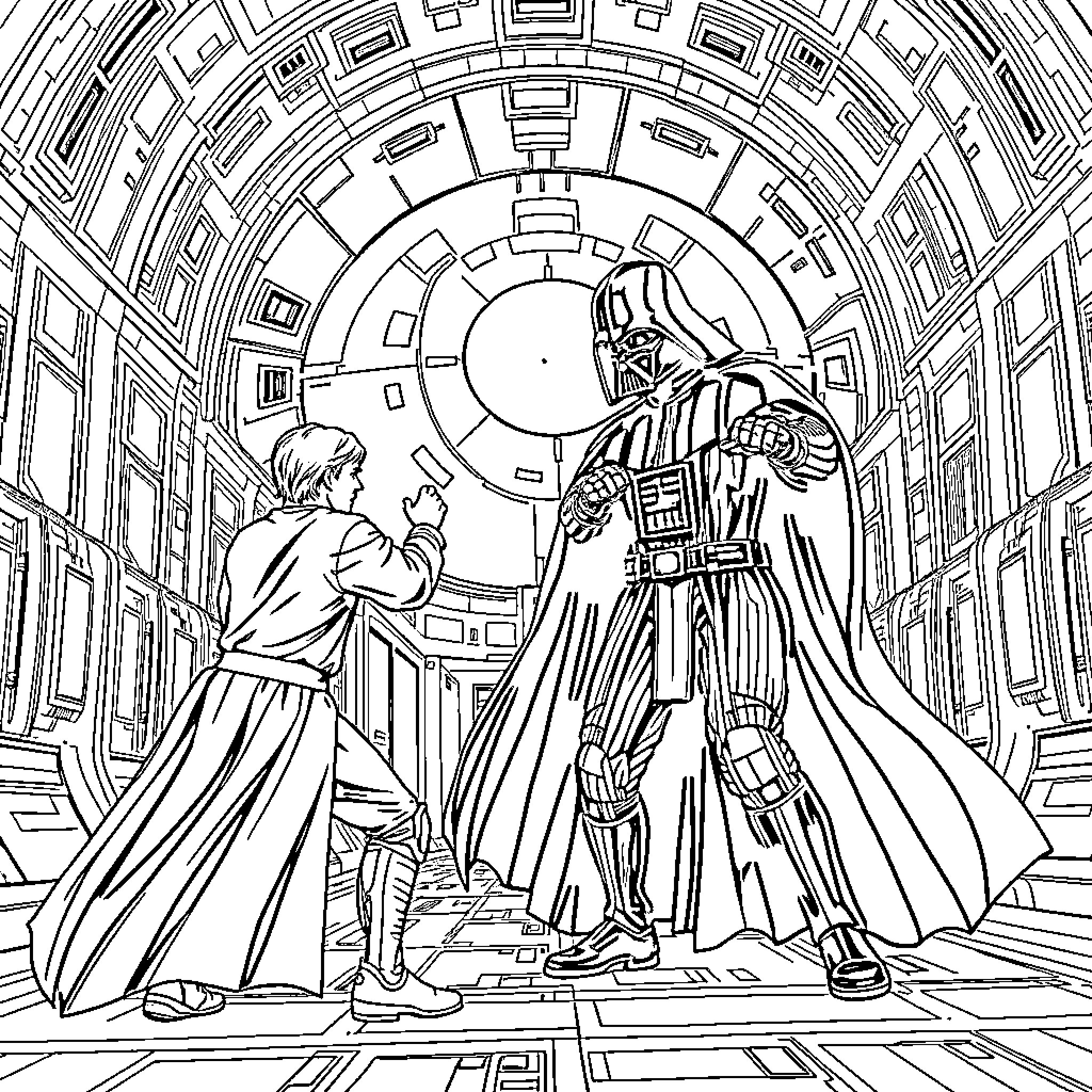 Darth Vader in a Dramatic Confrontation Coloring Page (free black-and-white line drawing printable PDF for all, from beginners to advanced learners, including children, teens, adults, and seniors)
