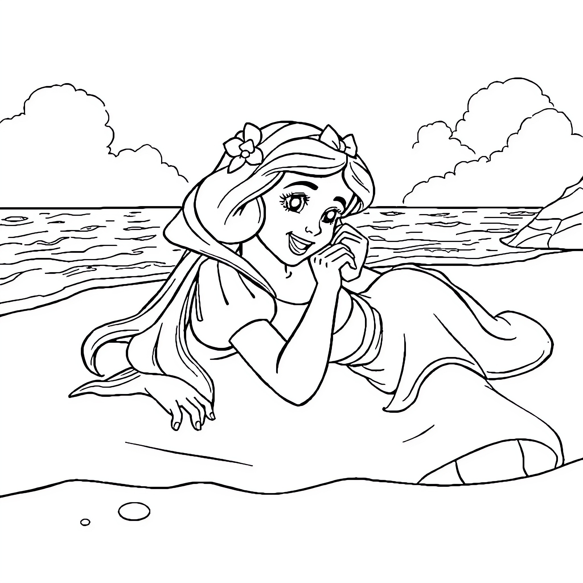 Snow White relaxing by the ocean Coloring Page (free black-and-white line drawing printable PDF for all, from beginners to advanced learners, including children, teens, adults, and seniors)