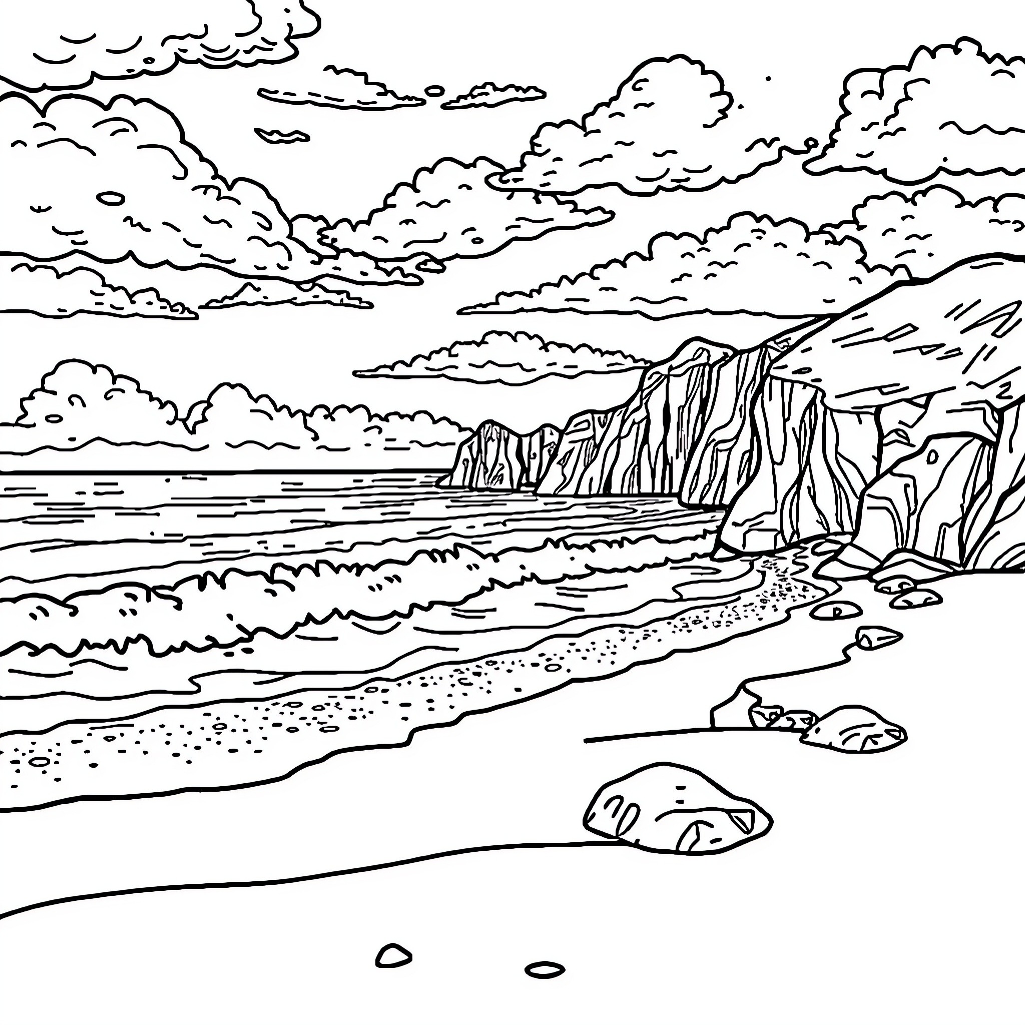 Beach with rocky cliffs and stormy clouds Coloring Page (free black-and-white line drawing printable PDF for all, from beginners to advanced learners, including children, teens, adults, and seniors)