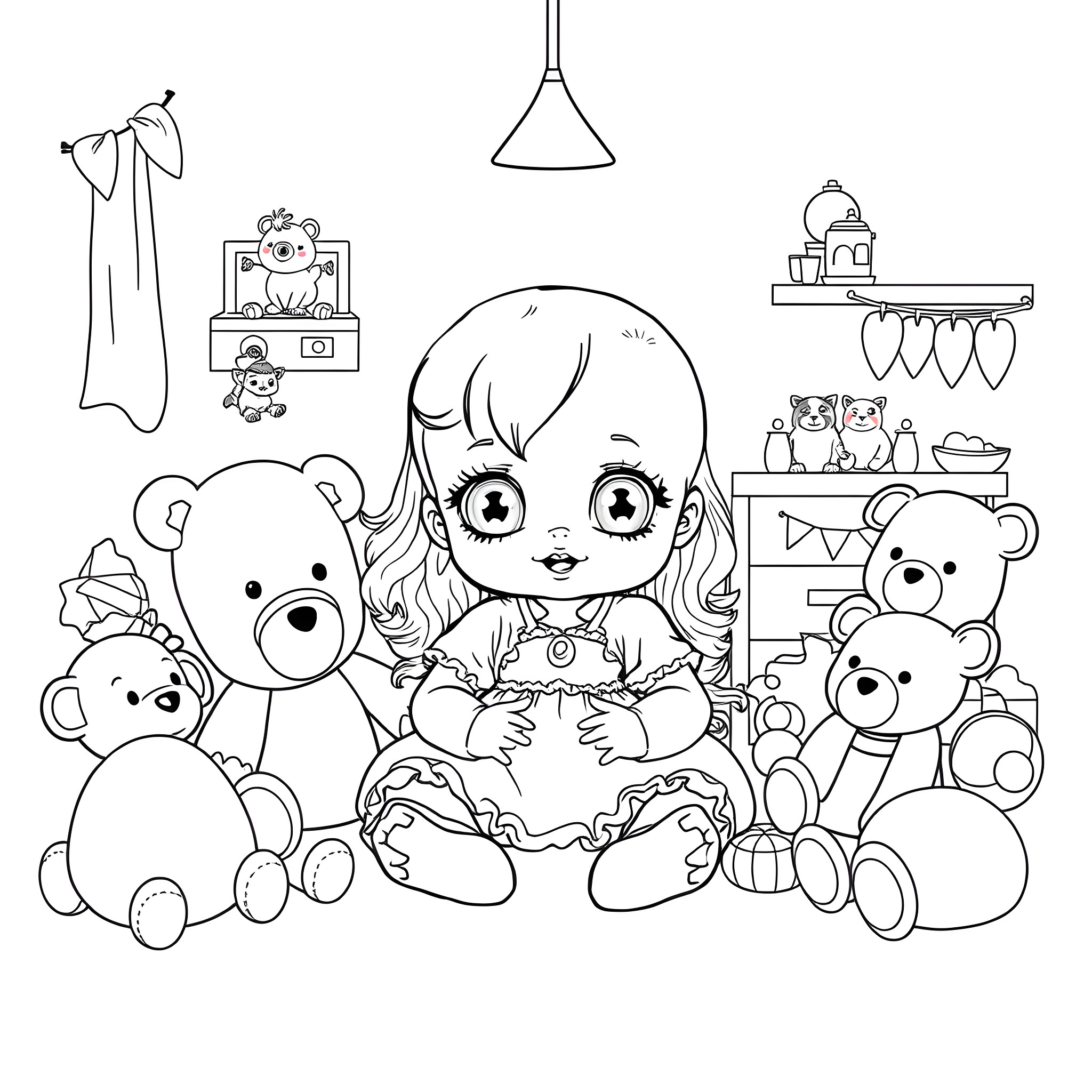 Baby Doll surrounded by adorable plush toys Coloring Page (free black-and-white line drawing printable PDF for all, from beginners to advanced learners, including children, teens, adults, and seniors)