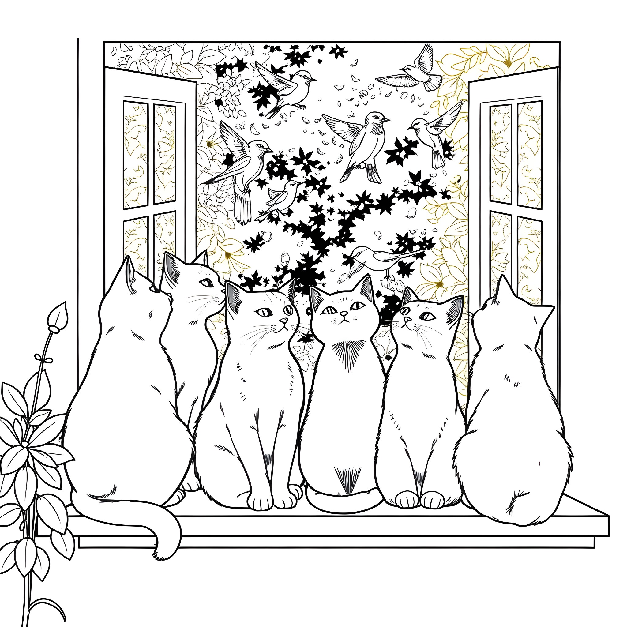Cats Admiring Birds and Flowers Through Window Coloring Page (free black-and-white line drawing printable PDF for all, from beginners to advanced learners, including children, teens, adults, and seniors)
