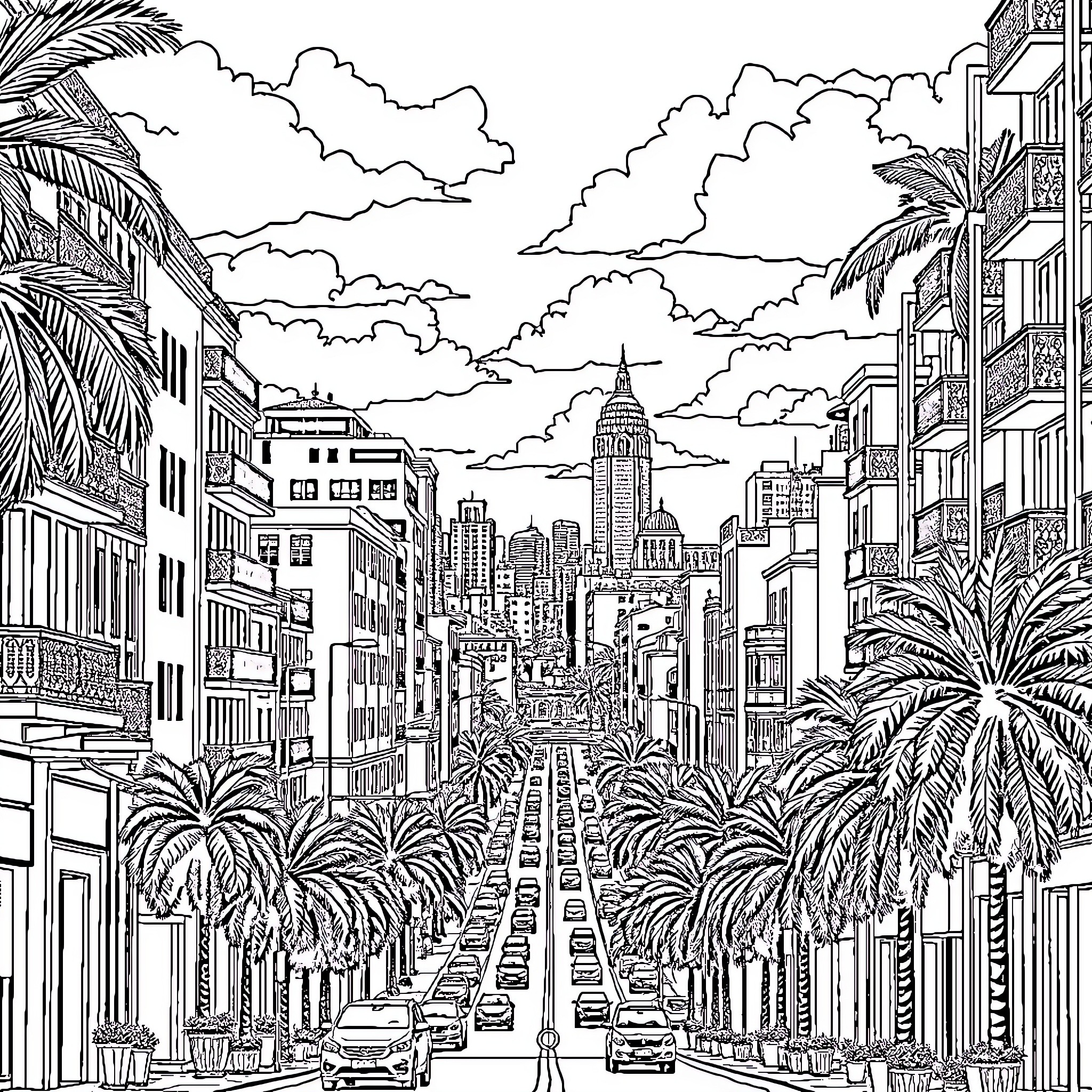 Asunción: Vibrant Cityscape with Towering Skyscrapers and Lush Palms Coloring Page (free black-and-white line drawing printable PDF for all, from beginners to advanced learners, including children, teens, adults, and seniors)