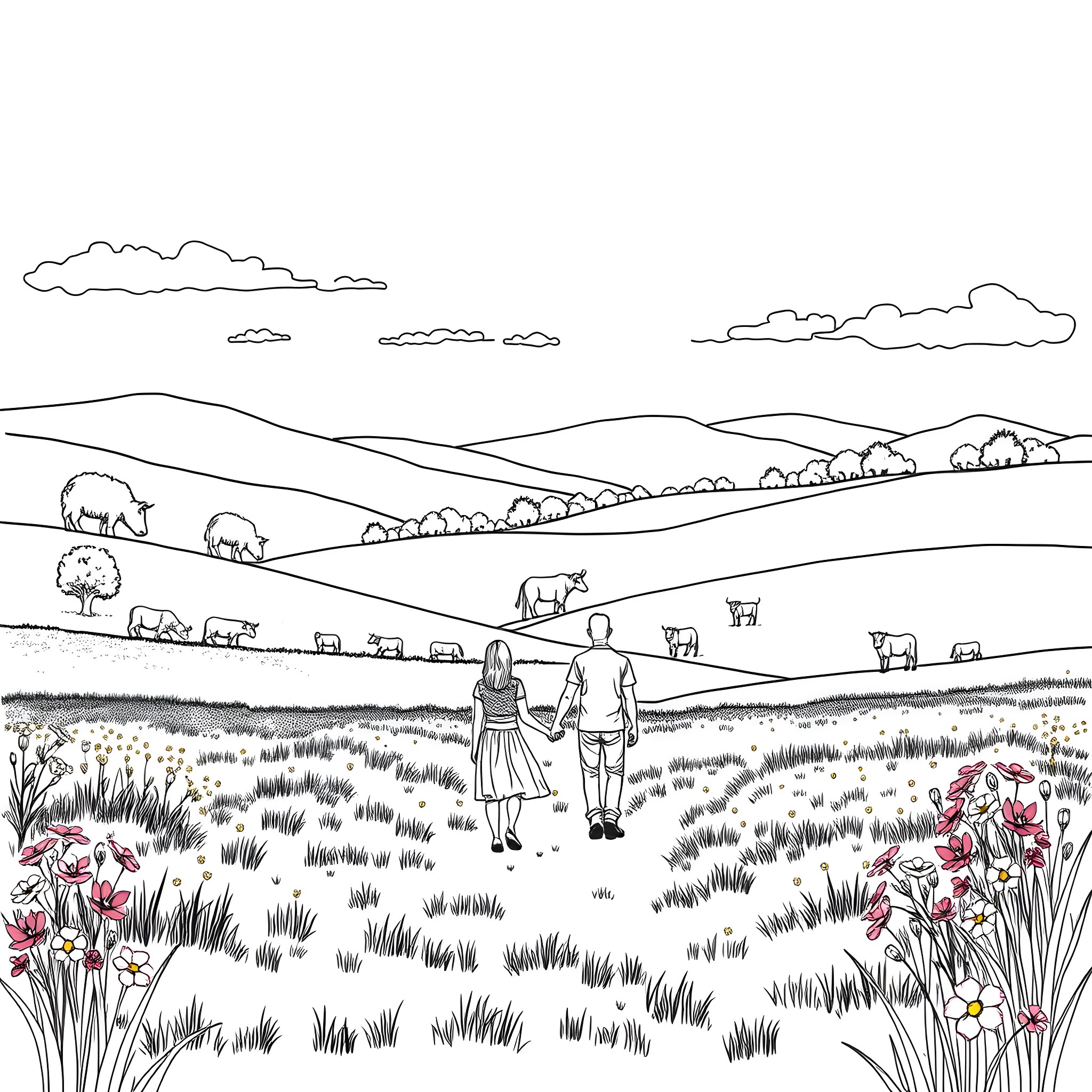 Family Enjoying a Scenic Countryside Stroll Coloring Page (free black-and-white line drawing printable PDF for all, from beginners to advanced learners, including children, teens, adults, and seniors)