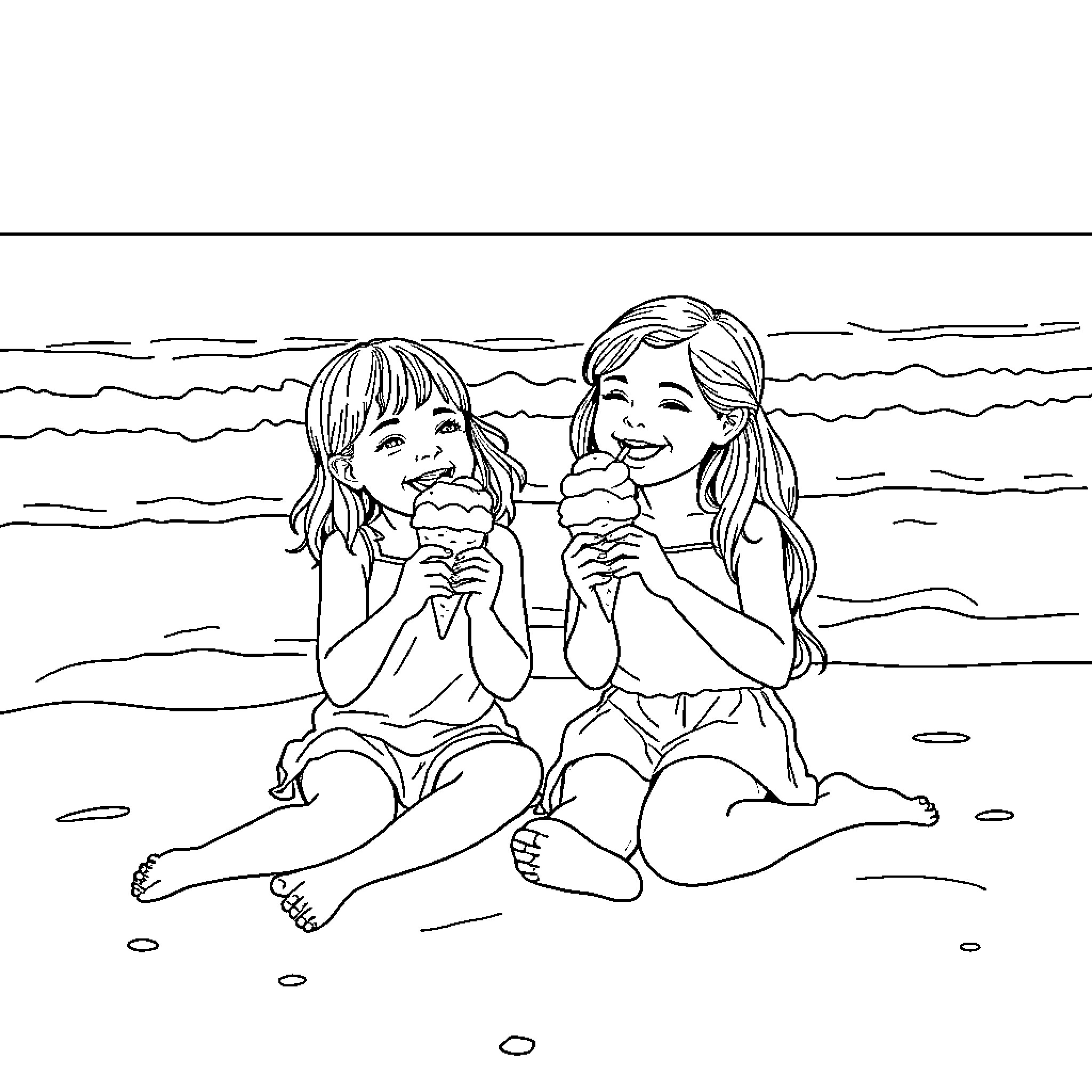 Girls enjoying ice cream on the beach Coloring Page (free black-and-white line drawing printable PDF for all, from beginners to advanced learners, including children, teens, adults, and seniors)