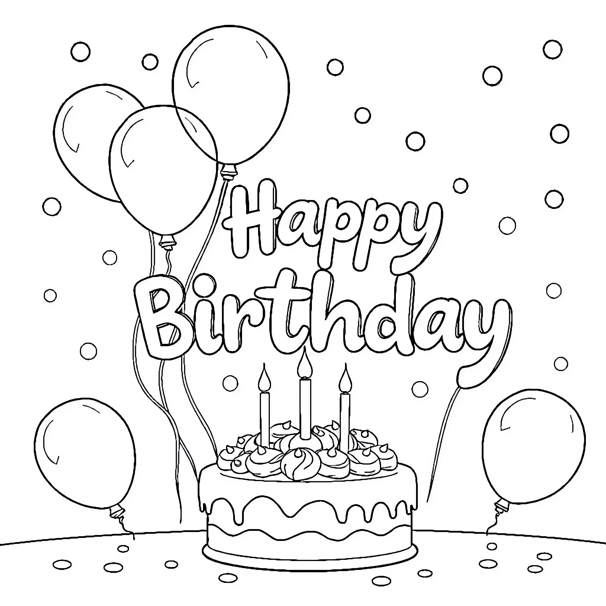 Birthday Celebration with Cake and Balloons Coloring Page (free black-and-white line drawing printable PDF for all, from beginners to advanced learners, including children, teens, adults, and seniors)