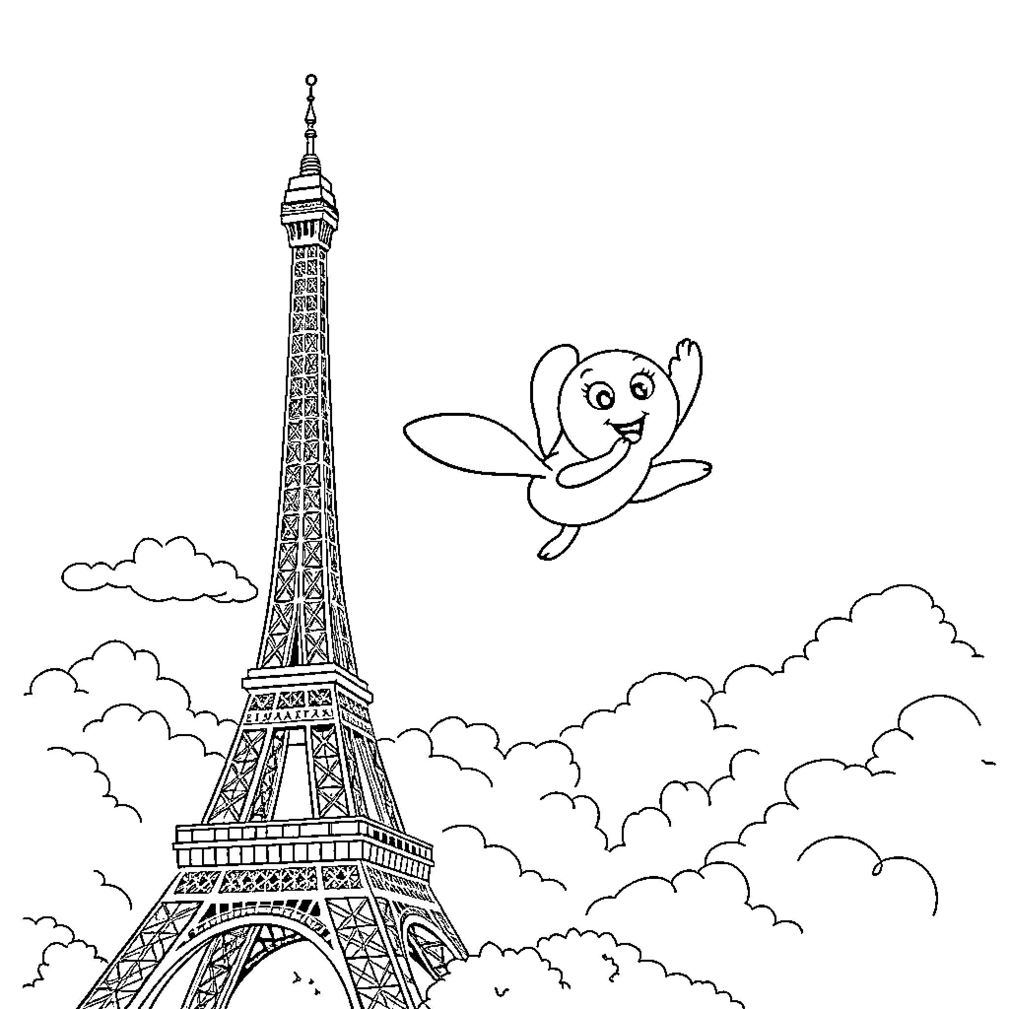 Bluey exploring the Eiffel Tower with a butterfly Coloring Page (free black-and-white line drawing printable PDF for all, from beginners to advanced learners, including children, teens, adults, and seniors)