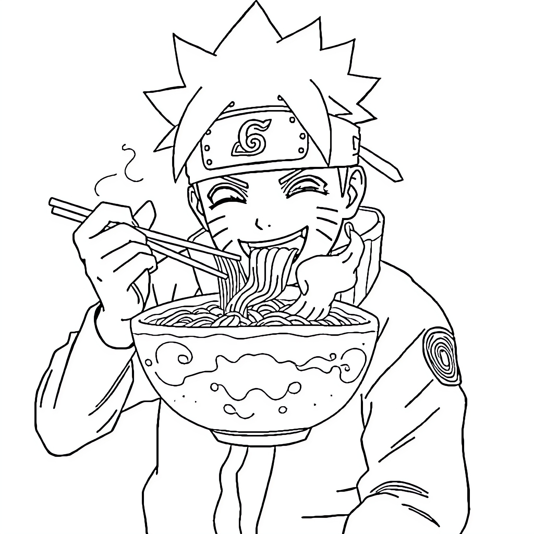 Naruto enjoying a bowl of ramen noodles Coloring Page (free black-and-white line drawing printable PDF for all, from beginners to advanced learners, including children, teens, adults, and seniors)
