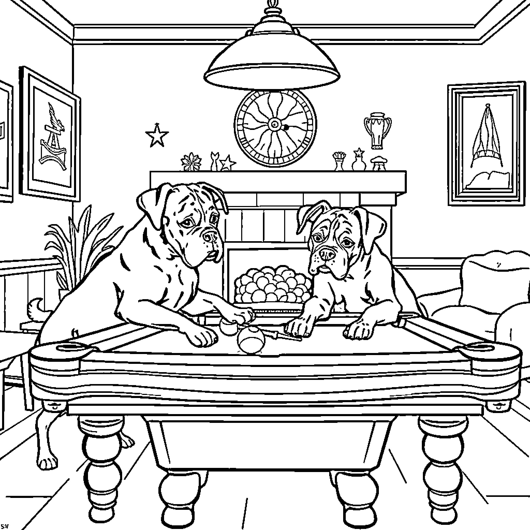Boxer dogs playing on pool table in cozy room Coloring Page (free black-and-white line drawing printable PDF for all, from beginners to advanced learners, including children, teens, adults, and seniors)