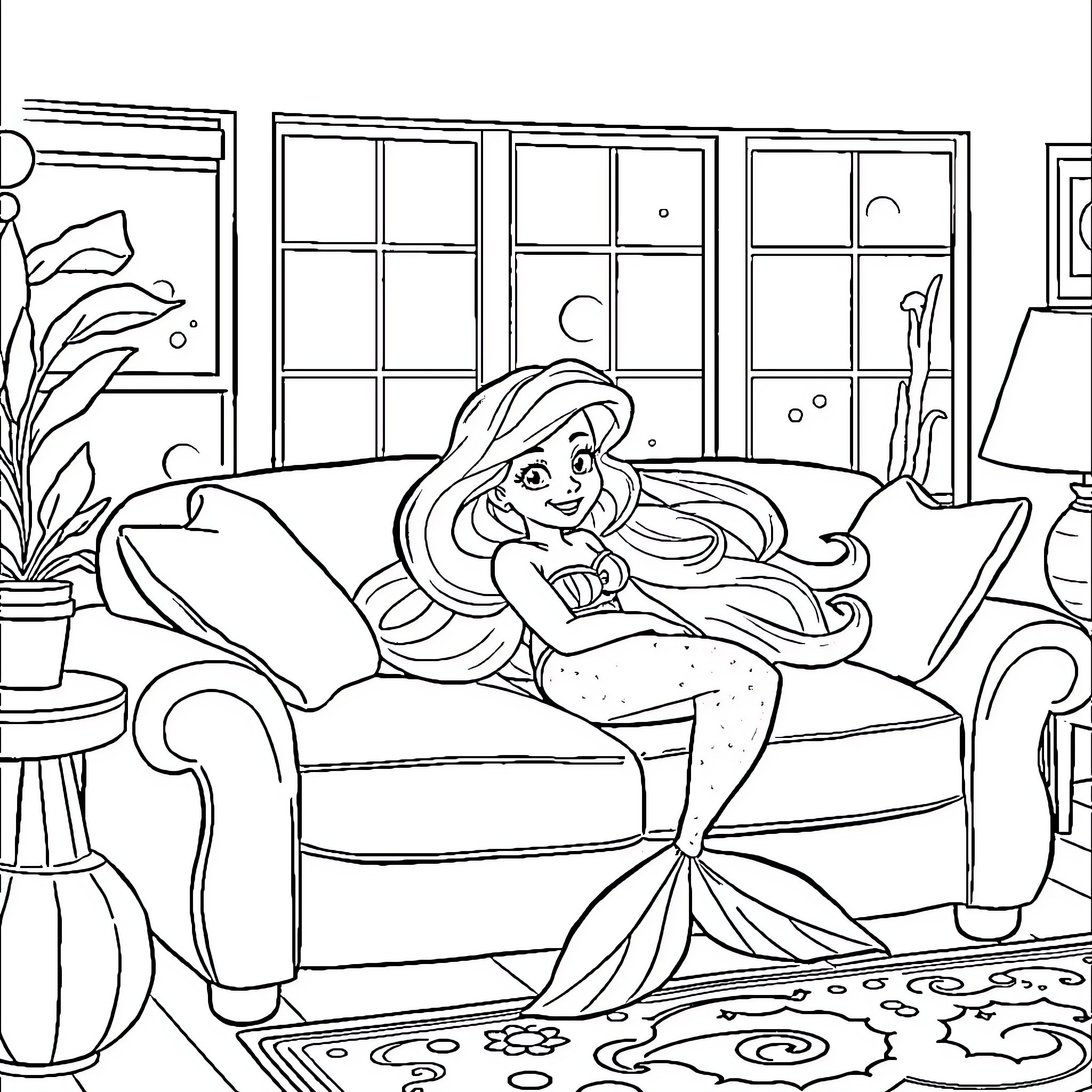 Mermaid relaxing in a cozy living room Coloring Page (free black-and-white line drawing printable PDF for all, from beginners to advanced learners, including children, teens, adults, and seniors)