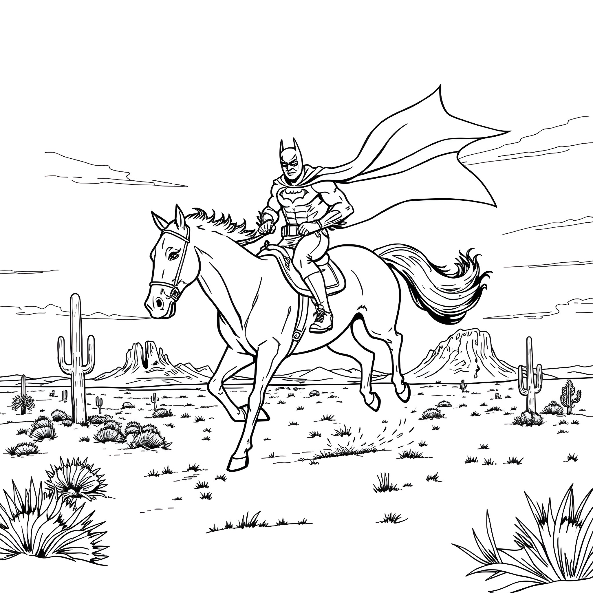 Batman riding a horse in the desert Coloring Page (free black-and-white line drawing printable PDF for all, from beginners to advanced learners, including children, teens, adults, and seniors)