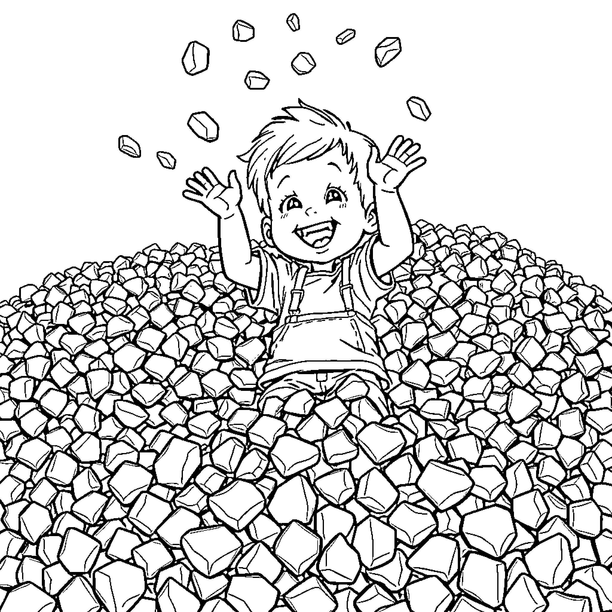 Child joyfully playing in a pile of rocks Coloring Page (free black-and-white line drawing printable PDF for all, from beginners to advanced learners, including children, teens, adults, and seniors)