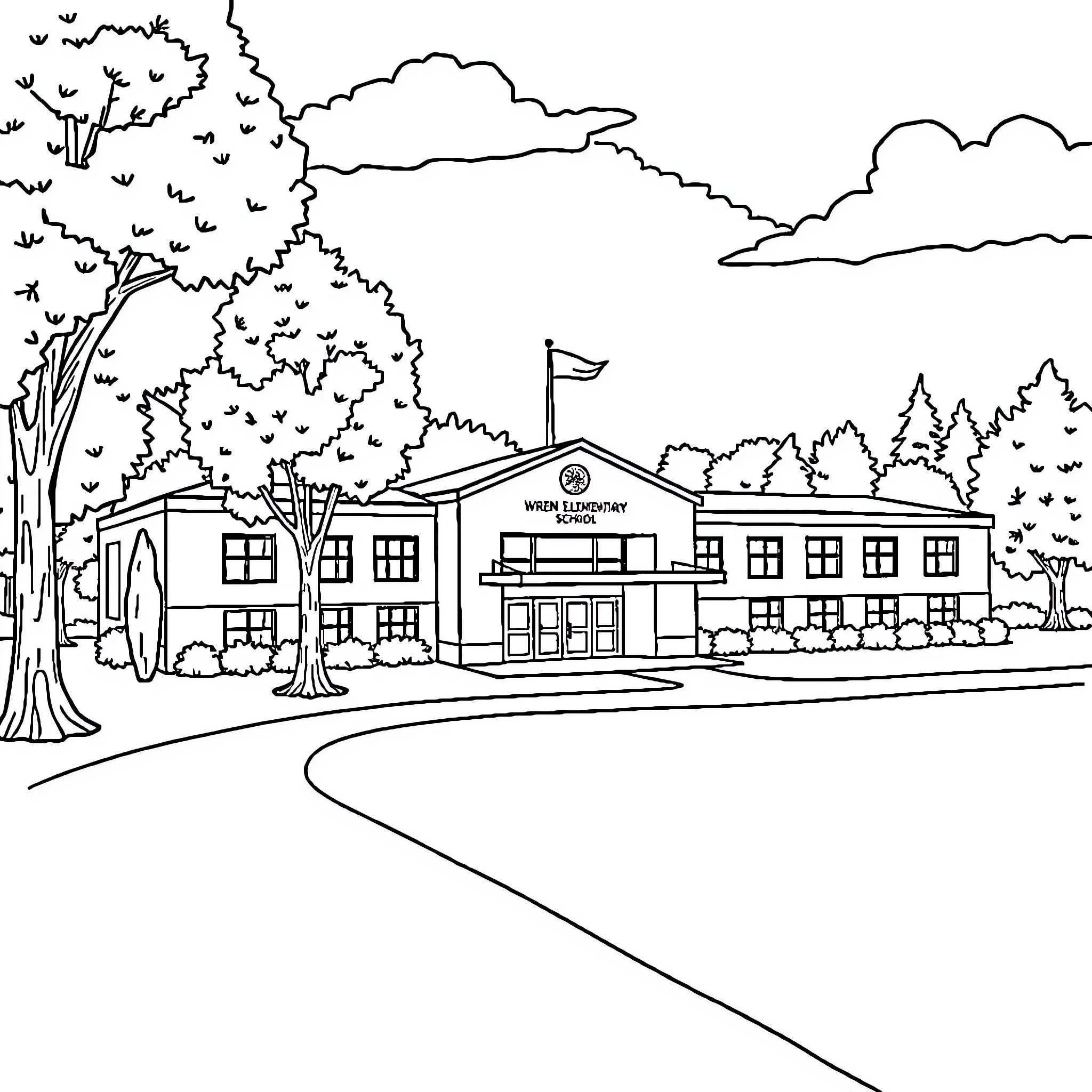 Wren's School Adventure in a Peaceful Landscape Coloring Page (free black-and-white line drawing printable PDF for all, from beginners to advanced learners, including children, teens, adults, and seniors)