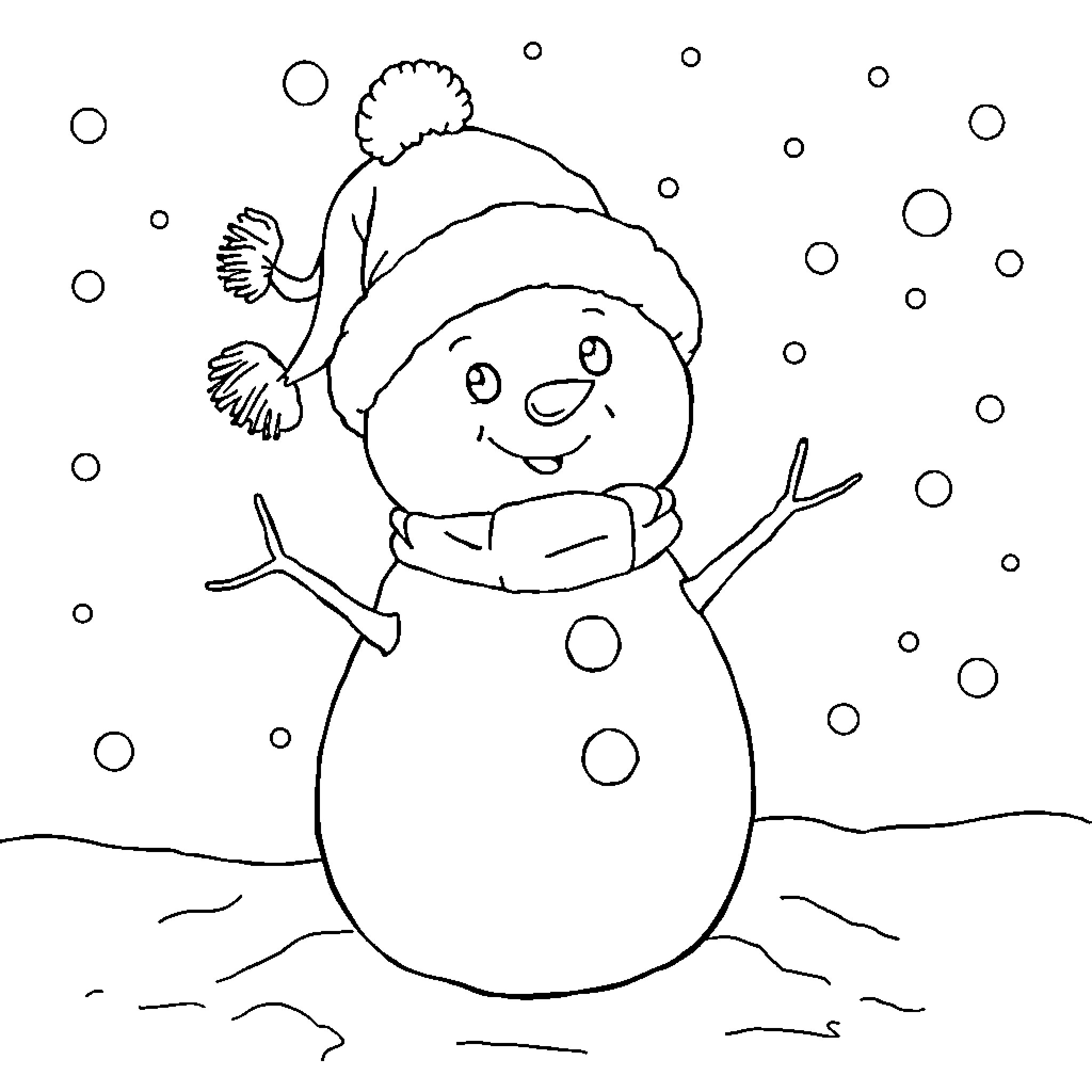 Labubu the Cheerful Snowman in Winter Wonderland Coloring Page (free black-and-white line drawing printable PDF for all, from beginners to advanced learners, including children, teens, adults, and seniors)