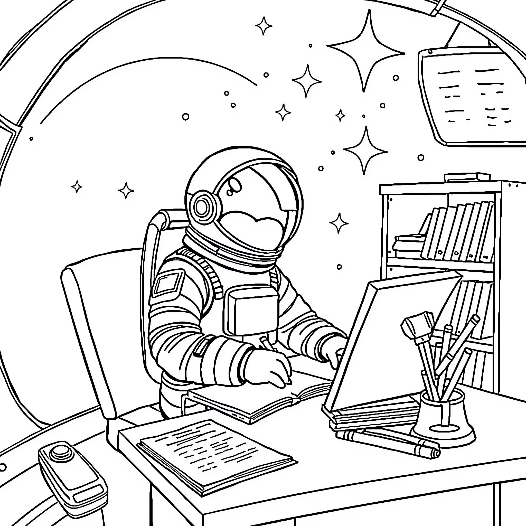Astronaut working diligently at a space station desk Coloring Page (free black-and-white line drawing printable PDF for all, from beginners to advanced learners, including children, teens, adults, and seniors)