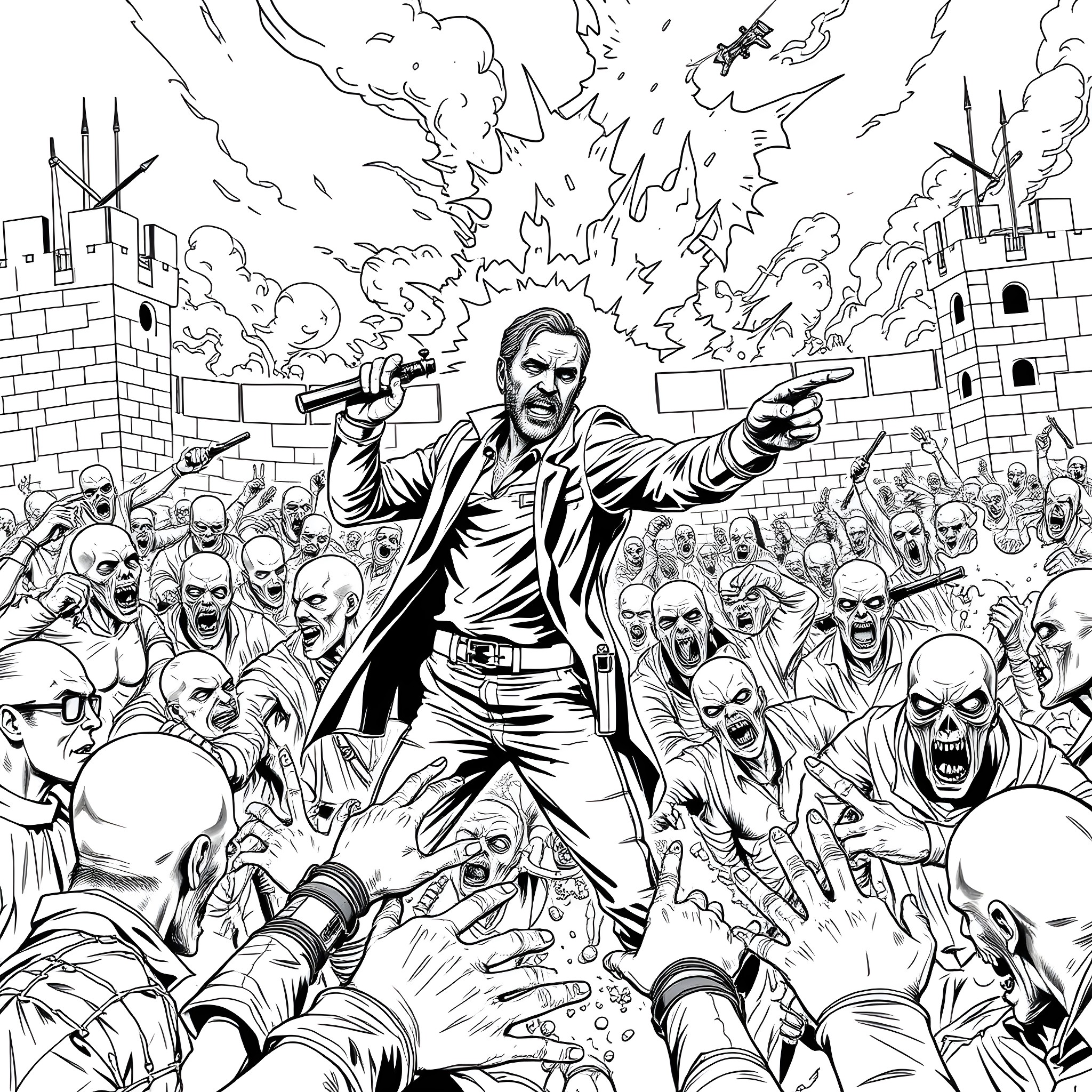 Rick Grimes battling zombies in a chaotic post-apocalyptic scene Coloring Page (free black-and-white line drawing printable PDF for all, from beginners to advanced learners, including children, teens, adults, and seniors)