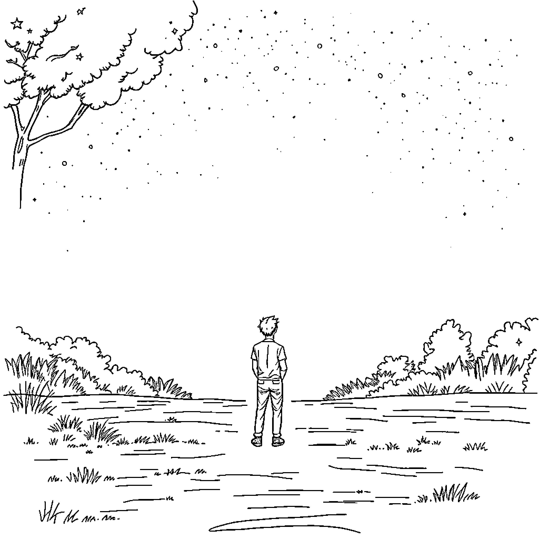 Witness a Solitary Figure in a Serene Landscape Coloring Page (free black-and-white line drawing printable PDF for all, from beginners to advanced learners, including children, teens, adults, and seniors)