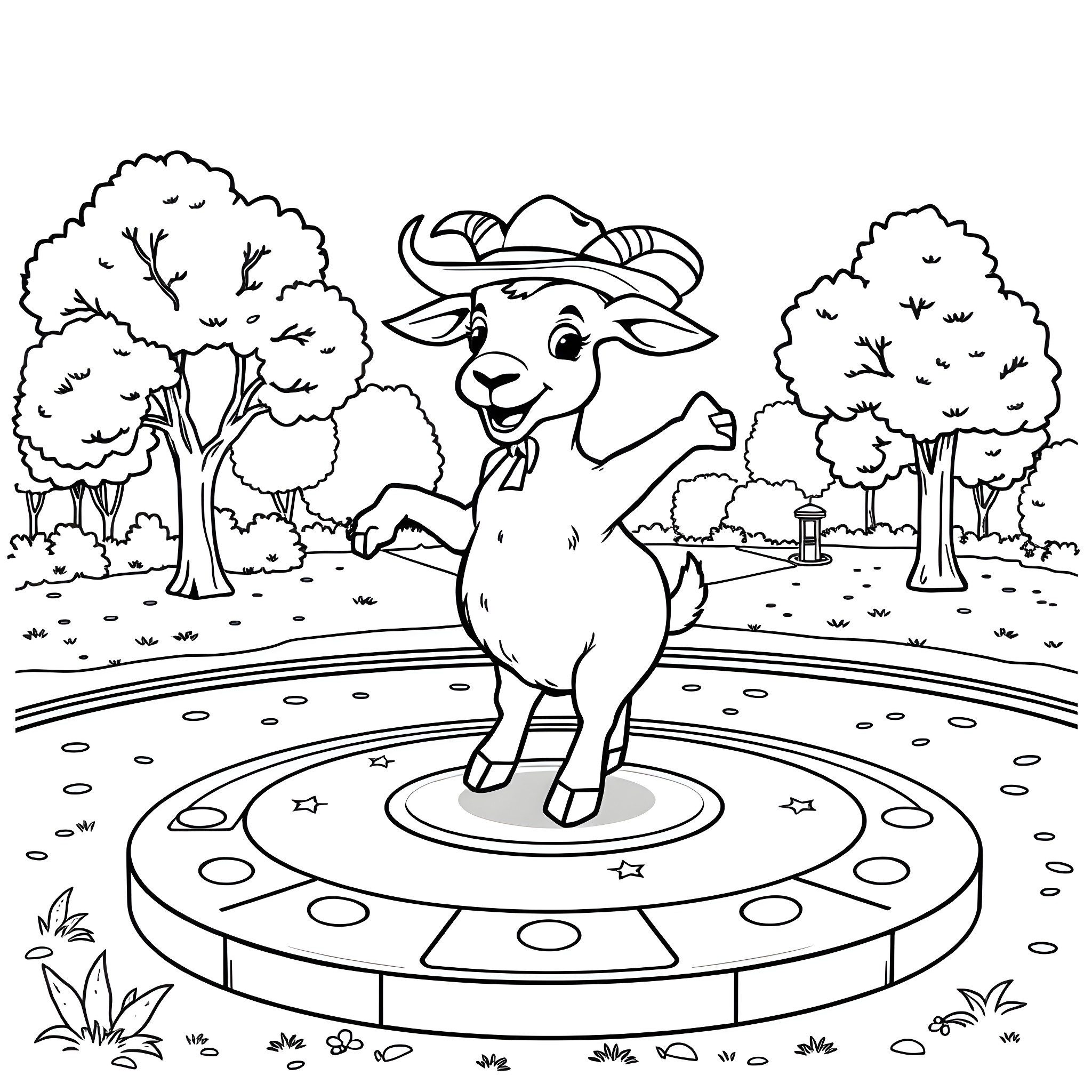 Goat dancing playfully in the park Coloring Page (free black-and-white line drawing printable PDF for all, from beginners to advanced learners, including children, teens, adults, and seniors)