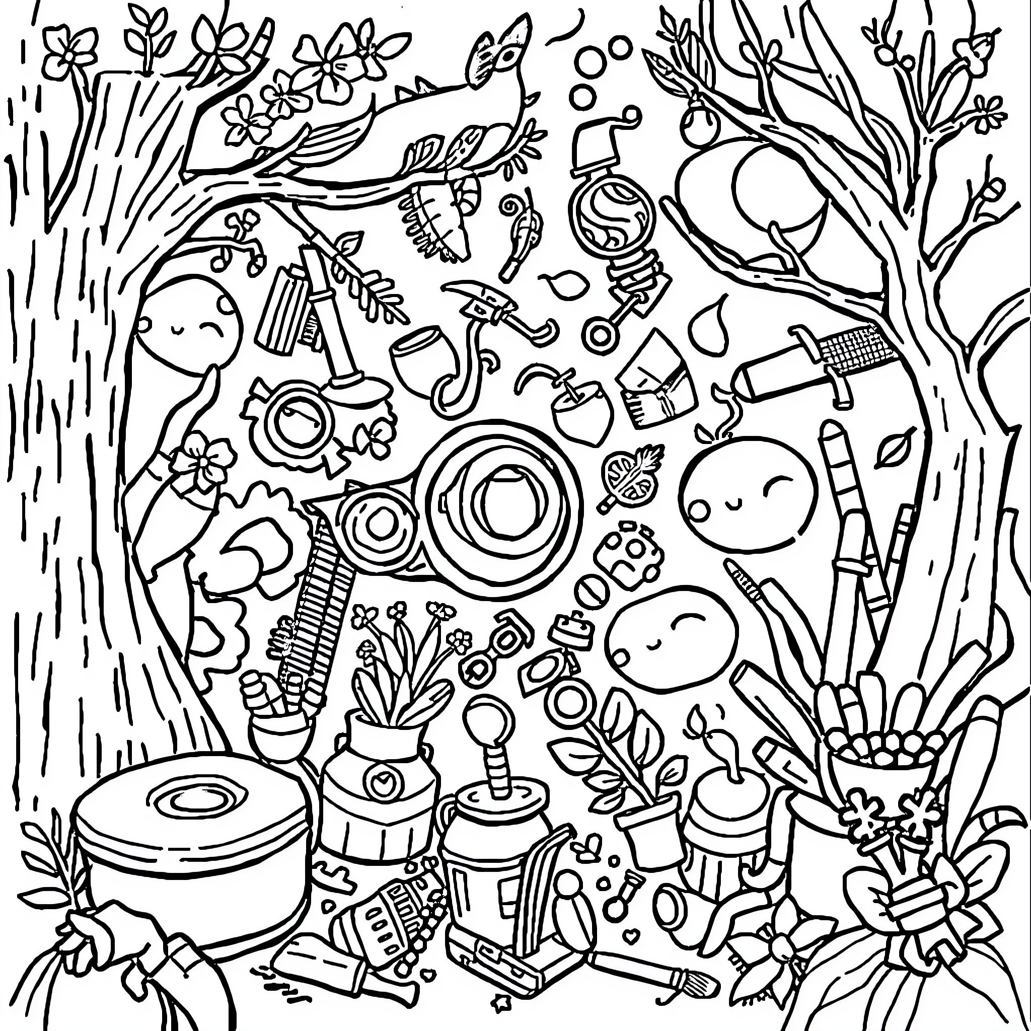 Ispy Whimsical Doodles in Enchanted Garden Coloring Page (free black-and-white line drawing printable PDF for all, from beginners to advanced learners, including children, teens, adults, and seniors)