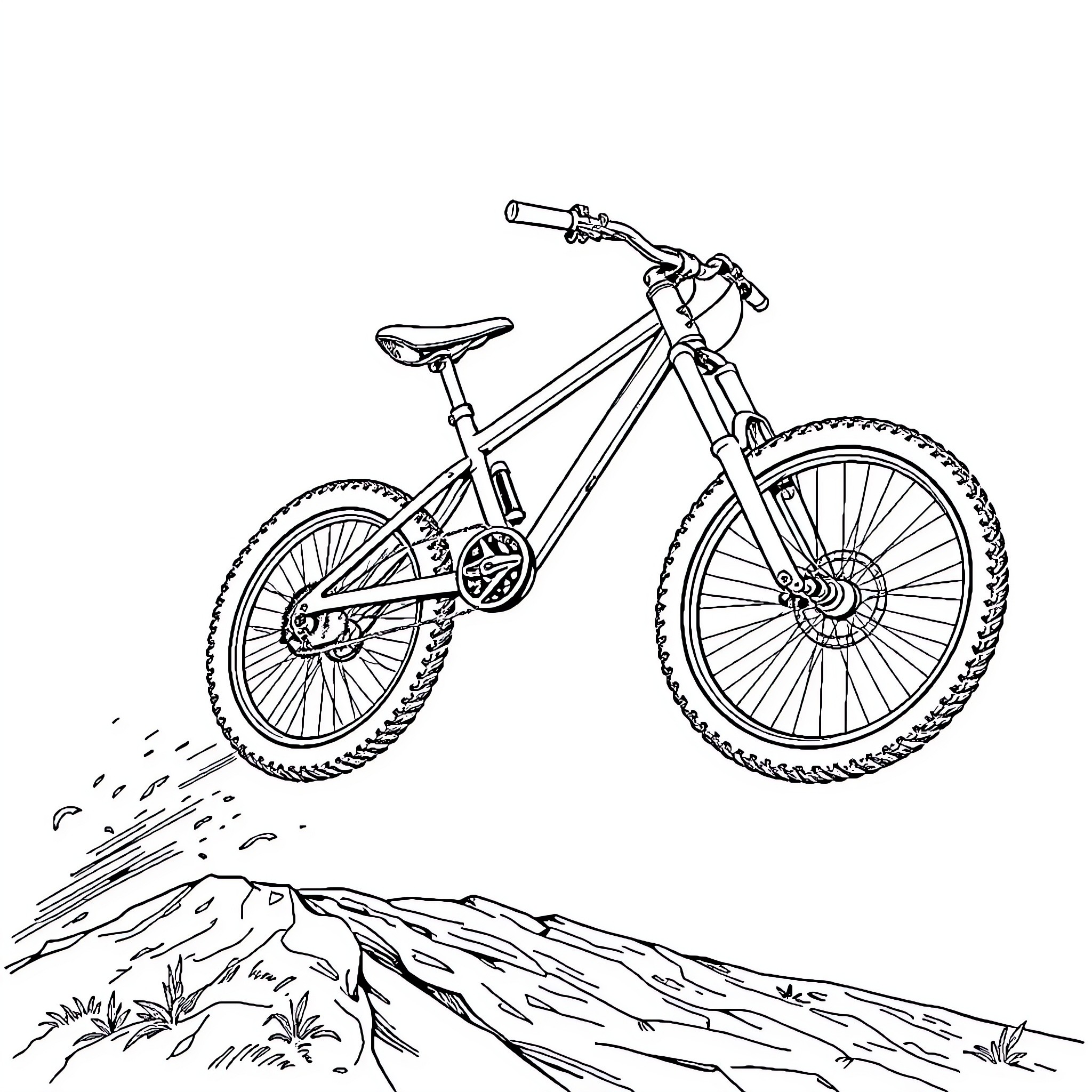 Mountain Bike Racing on Rugged Terrain Coloring Page (free black-and-white line drawing printable PDF for all, from beginners to advanced learners, including children, teens, adults, and seniors)