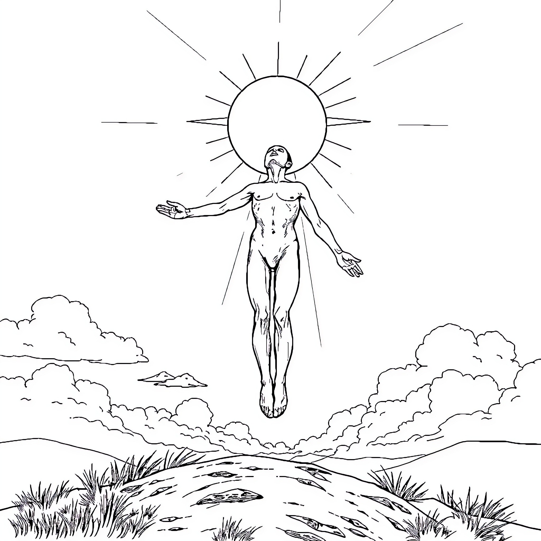 Human figure levitating in a natural landscape Coloring Page (free black-and-white line drawing printable PDF for all, from beginners to advanced learners, including children, teens, adults, and seniors)