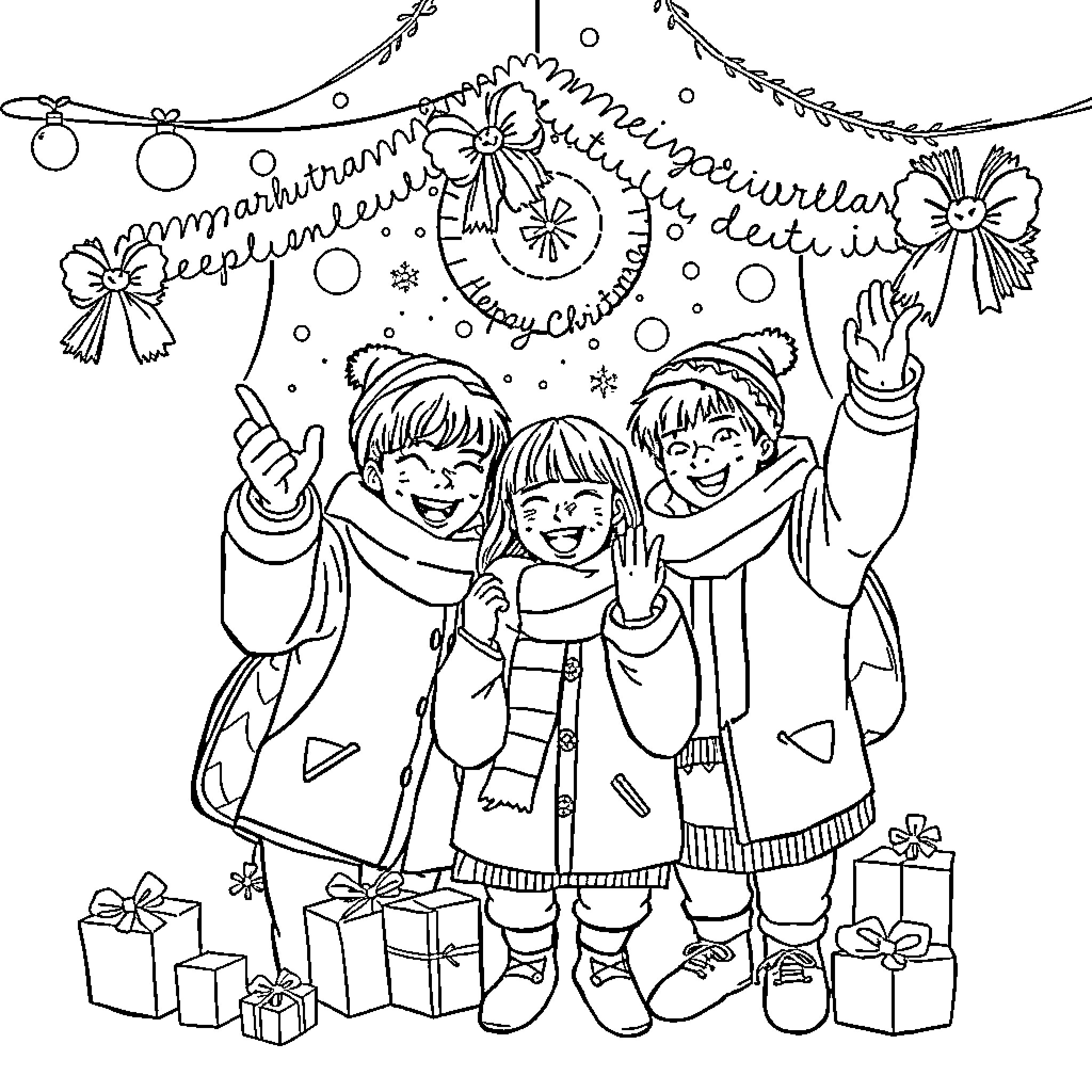 Kpop Hunter: Cheerful Kids Celebrate the Holidays Coloring Page (free black-and-white line drawing printable PDF for all, from beginners to advanced learners, including children, teens, adults, and seniors)