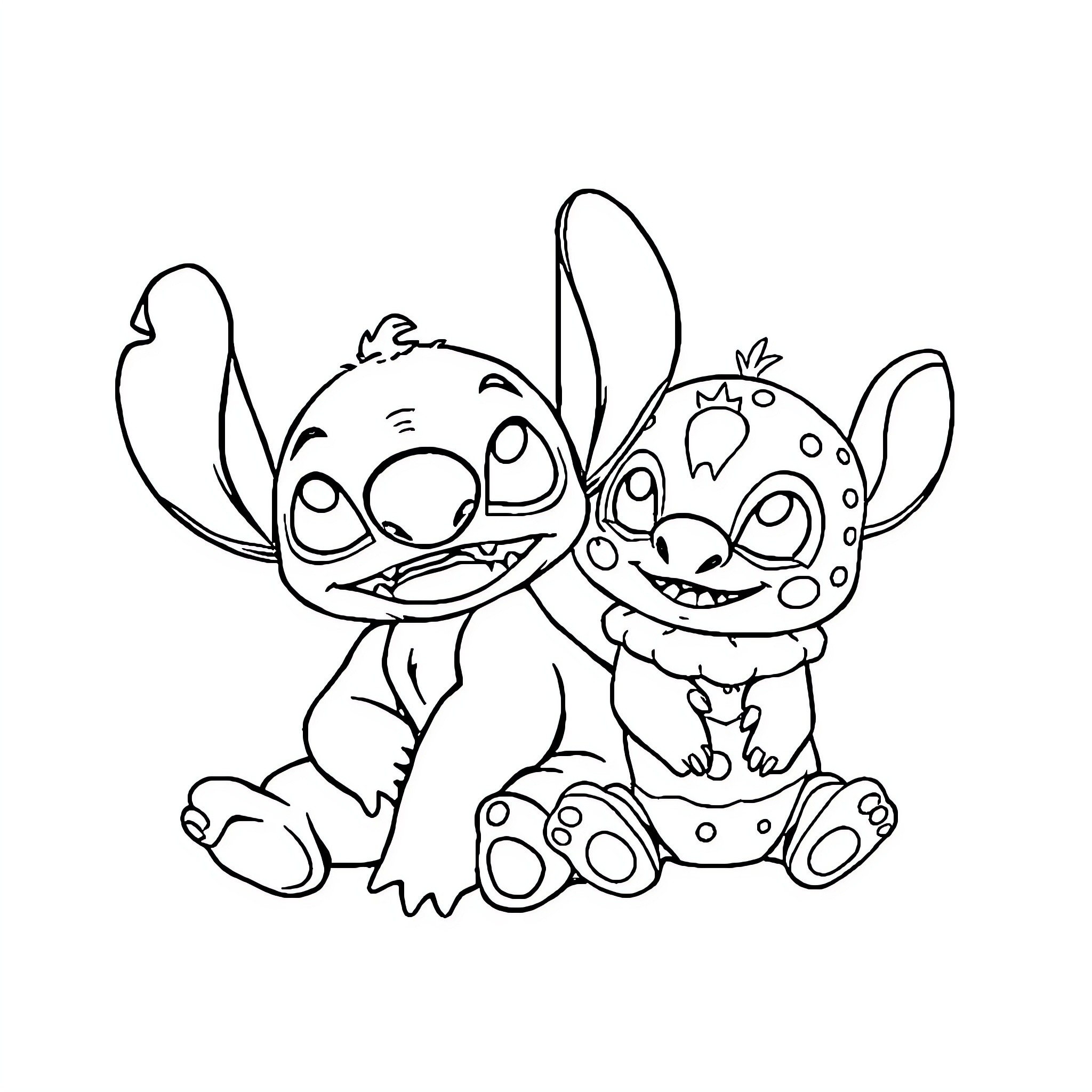 Stitch and Angel playing together happily Coloring Page (free black-and-white line drawing printable PDF for all, from beginners to advanced learners, including children, teens, adults, and seniors)